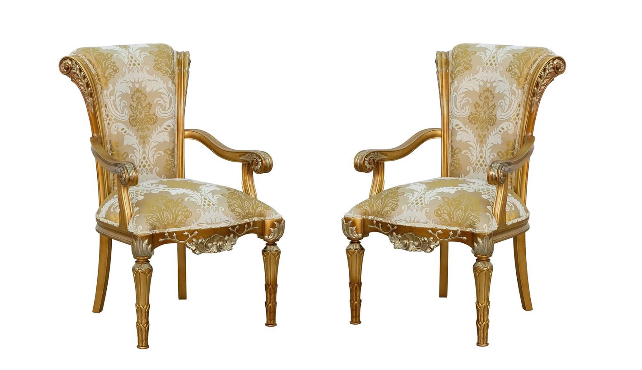 Classic, Traditional Dining Arm Chair Set VALENTINA 61957-AC-Set-2 in Pearl, Gold Fabric