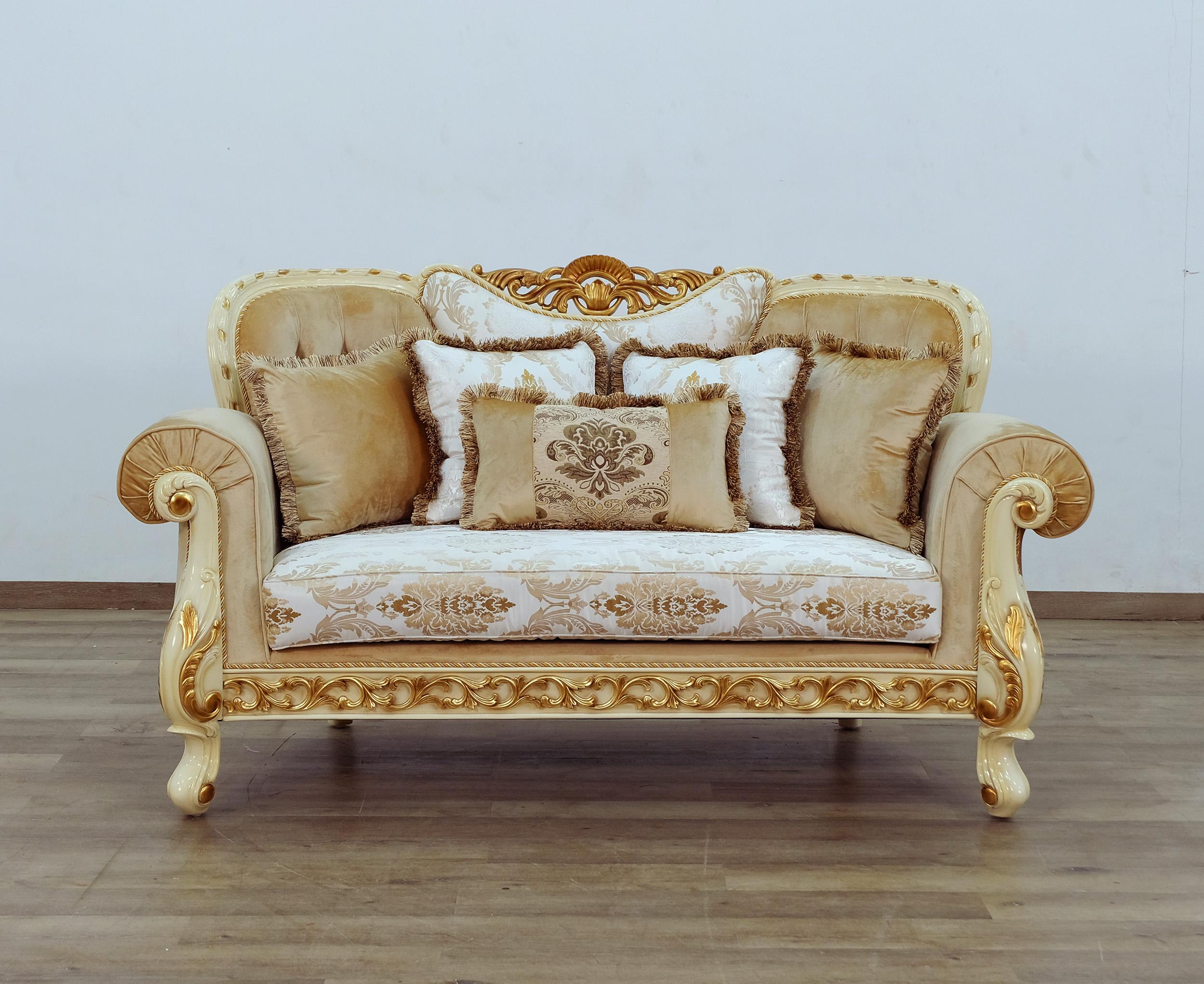 

    
 Order  Luxury Gold & Off White Wood Trim FANTASIA Sofa Set 2Pcs  EUROPEAN FURNITURE Classic
