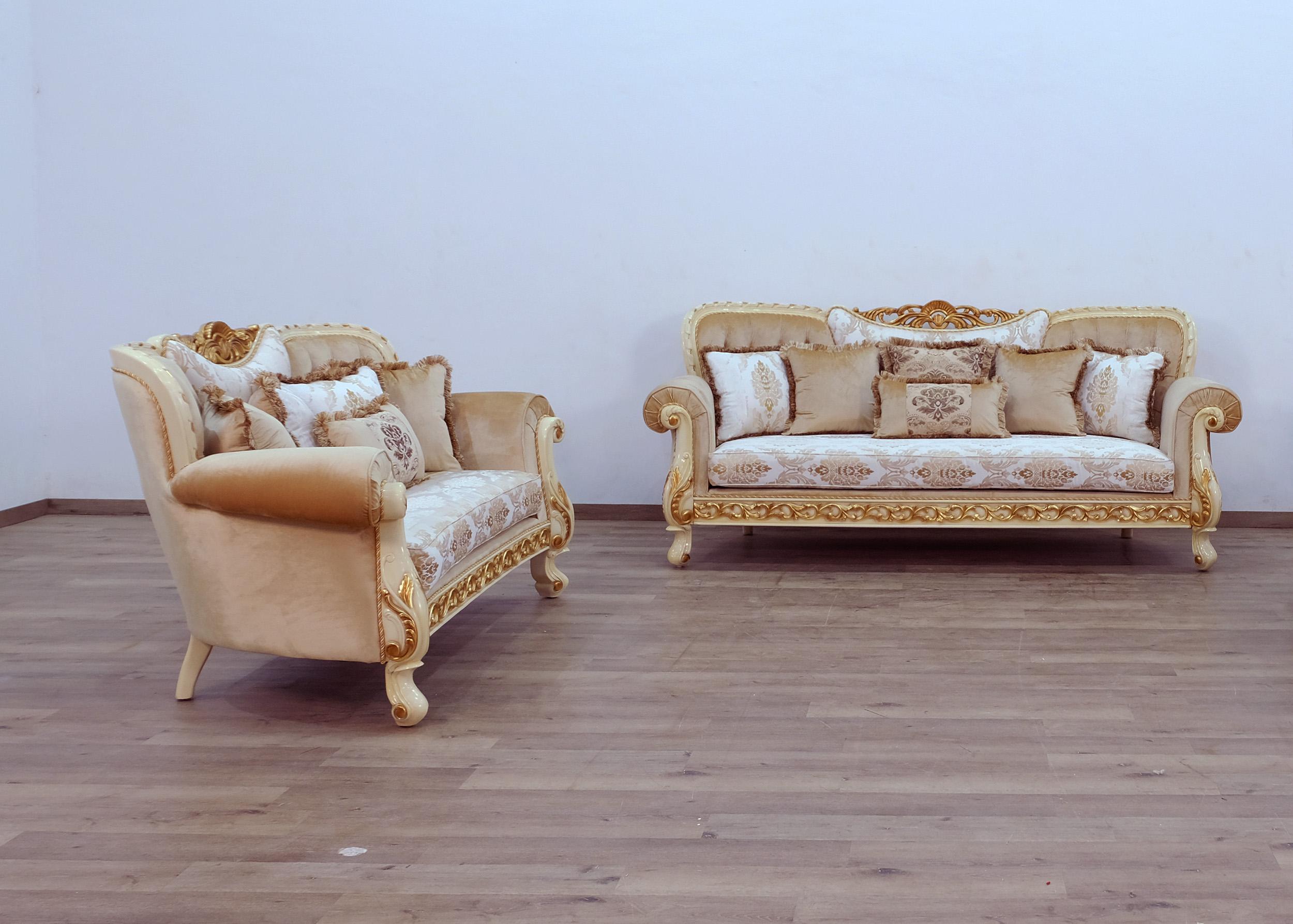 

    
Luxury Gold & Off White Wood Trim FANTASIA Sofa Set 2Pcs  EUROPEAN FURNITURE Classic
