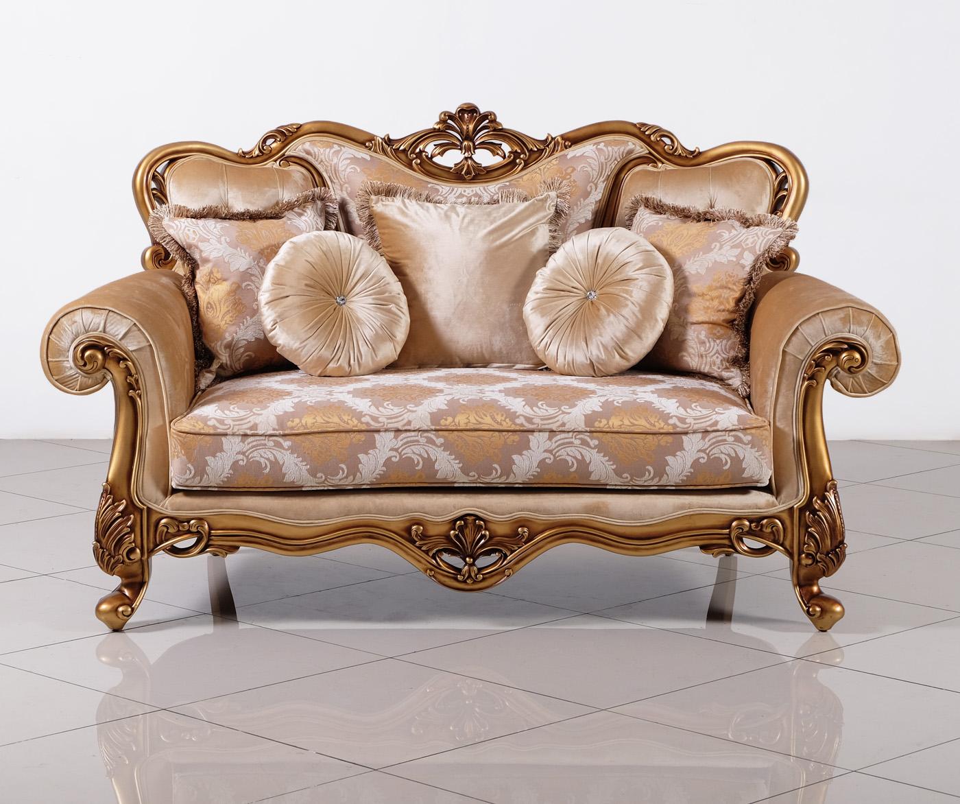 

    
Luxury Golden Bronze Wood Trim CLEOPATRA Loveseat EUROPEAN FURNITURE Classic
