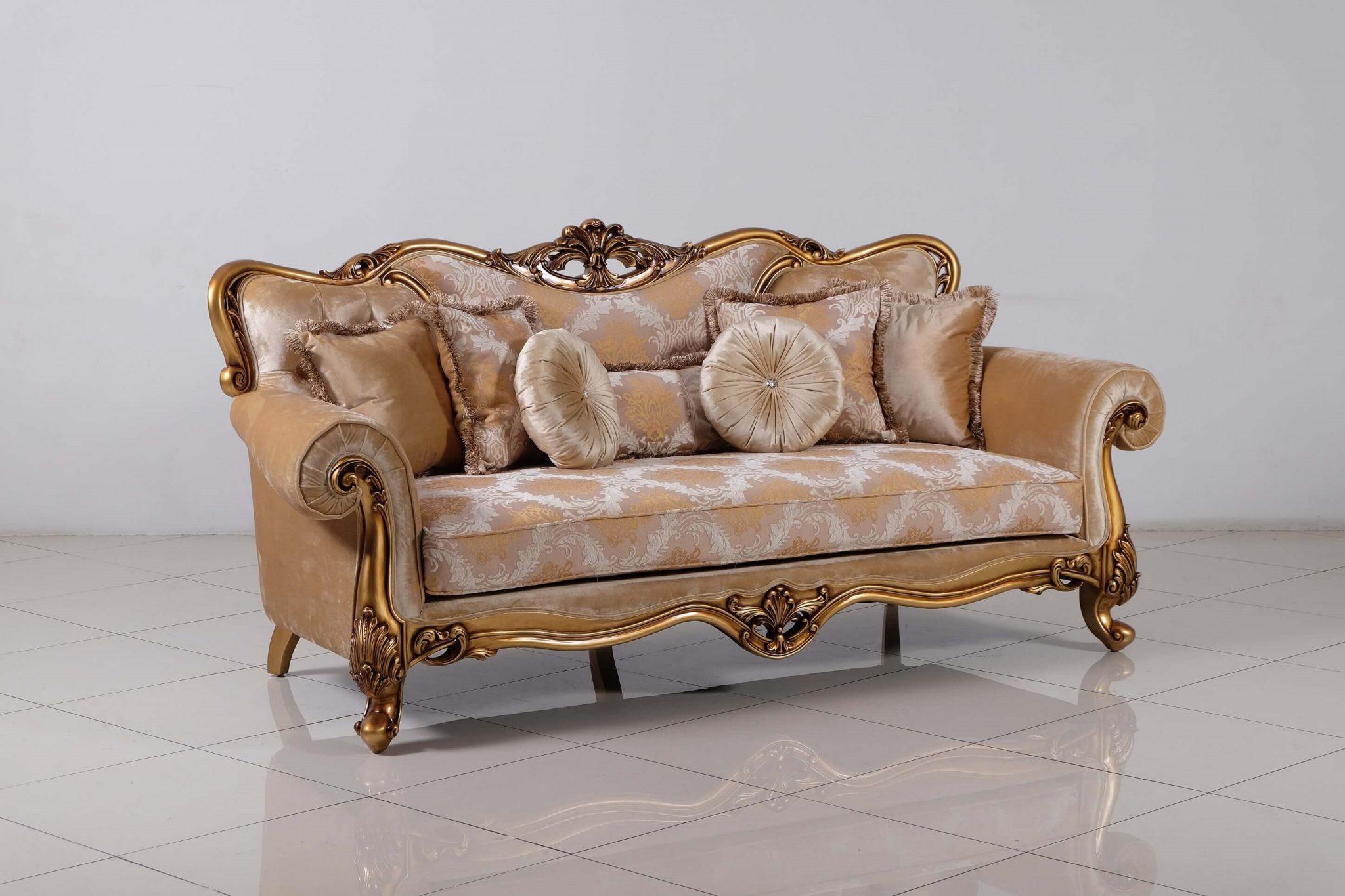 

    
Luxury Golden Bronze Wood Trim CLEOPATRA Sofa EUROPEAN FURNITURE Traditional
