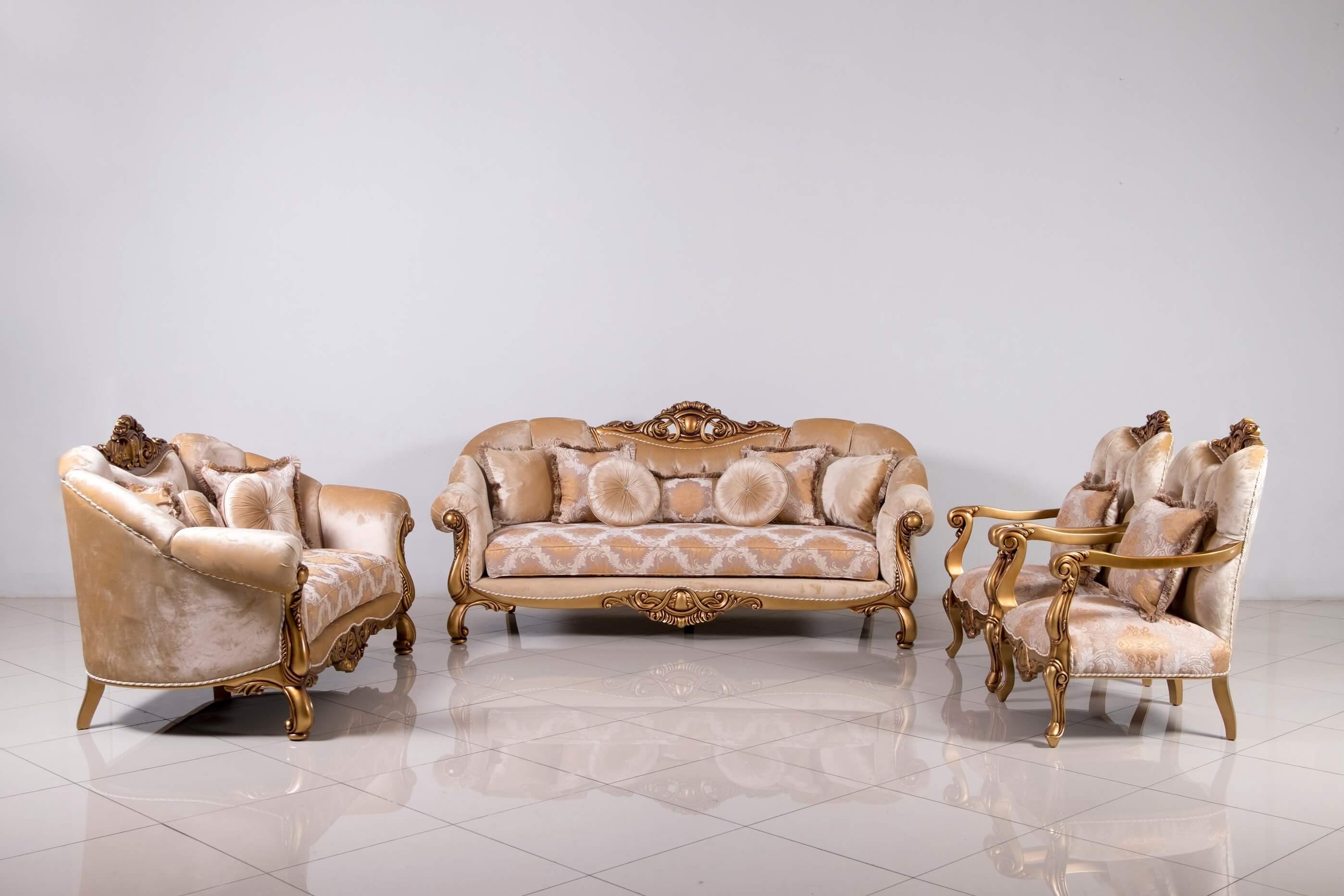 

    
Luxury Golden Bronze Wood Trim GOLDEN KNIGHTS Sofa Set 2Pcs EUROPEAN FURNITURE
