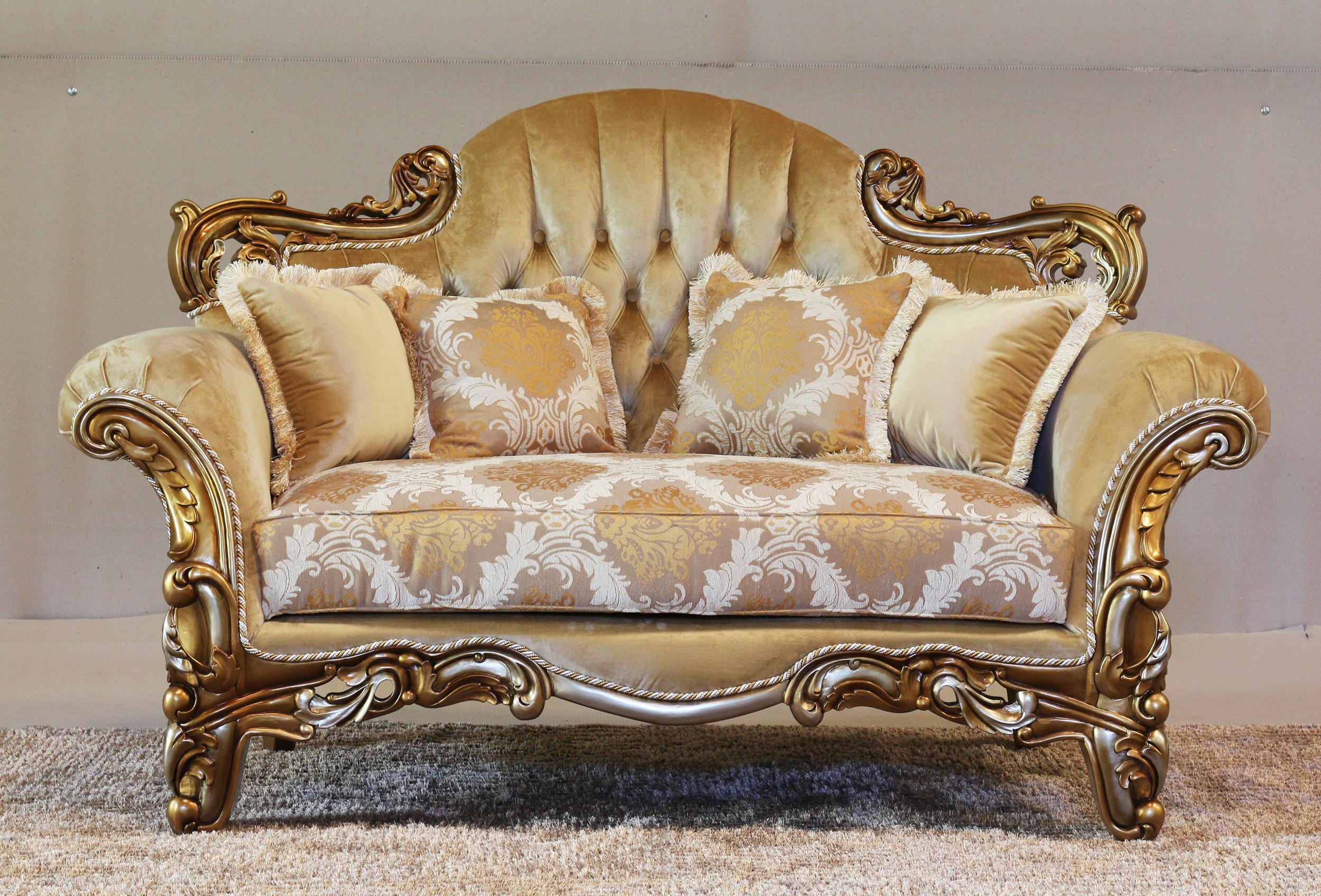 

    
 Photo  Luxury Golden Brown & Silver Wood Trim ALEXSANDRA Sofa Set 2Pcs EUROPEAN FURNITURE
