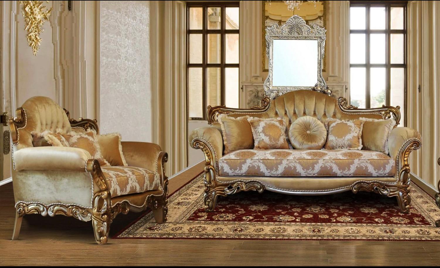 

    
Luxury Golden Brown & Silver Wood Trim ALEXSANDRA Sofa Set 2Pcs EUROPEAN FURNITURE
