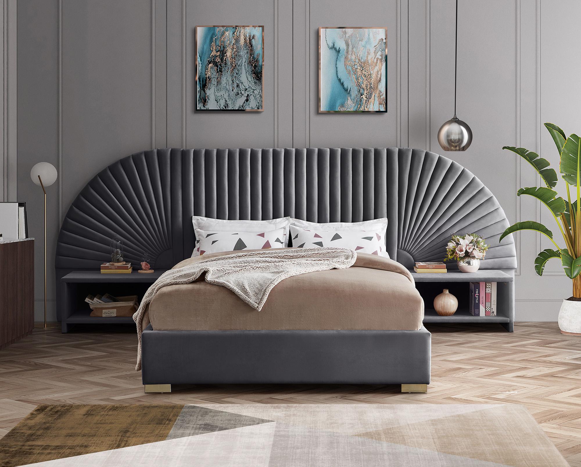 

    
Luxury Grey Velvet Channel-Tufted King Bed Set 3P CLEO Grey-K Meridian Modern
