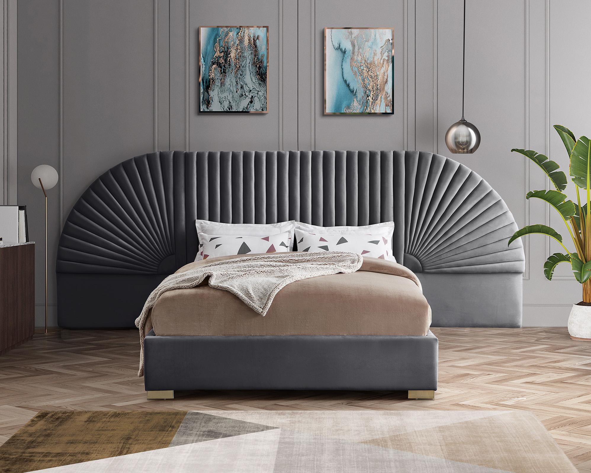 

    
Luxury Grey Velvet Channel-Tufted Queen Bed CLEO Grey-Q Meridian Modern
