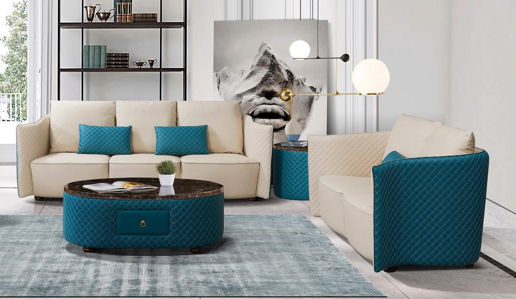 Contemporary, Modern Sofa Set MAKASSAR EF-52554-Set-2 in Blue, Beige Italian Leather