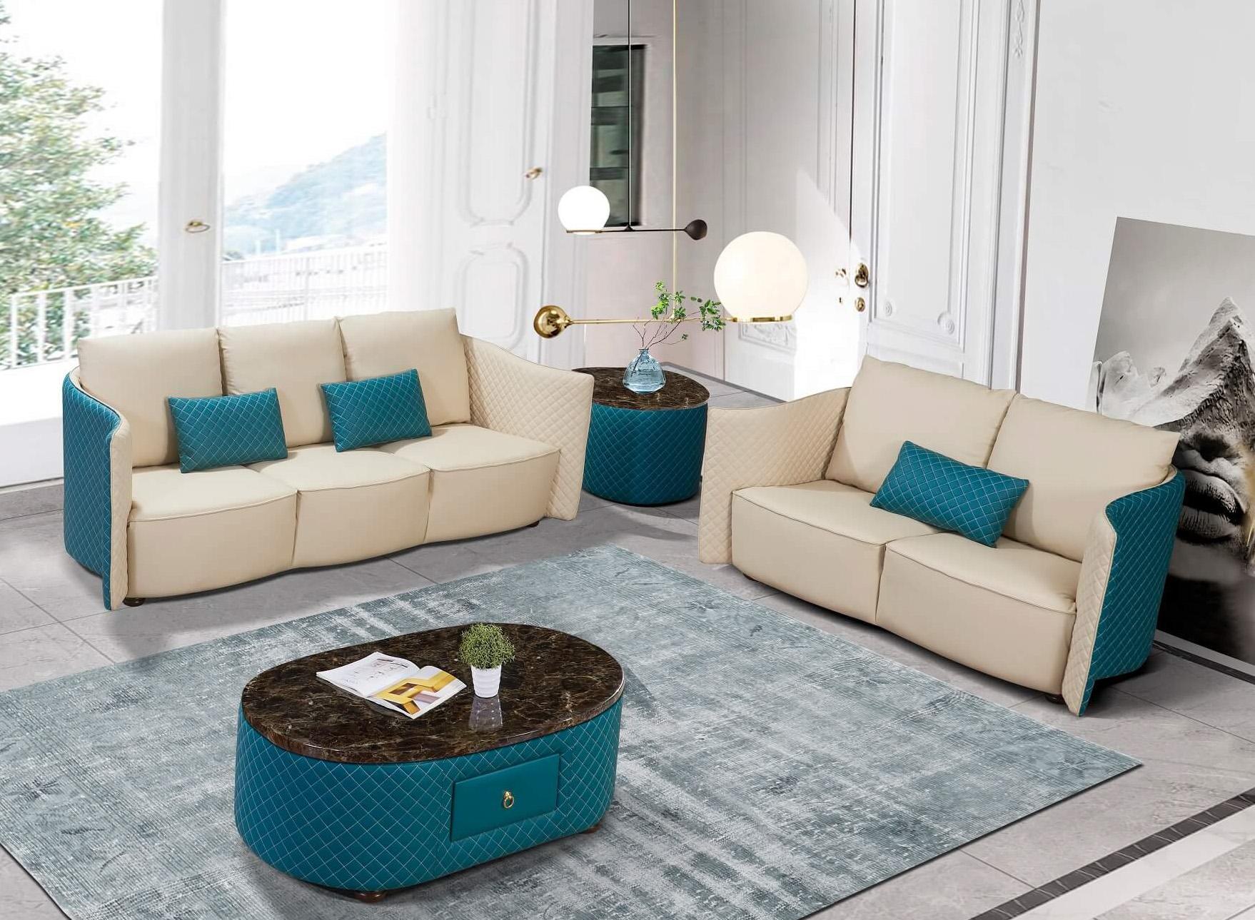 

    
Luxury Italian Leather Beige & Blue MAKASSAR Sofa Set 2Pcs EUROPEAN FURNITURE
