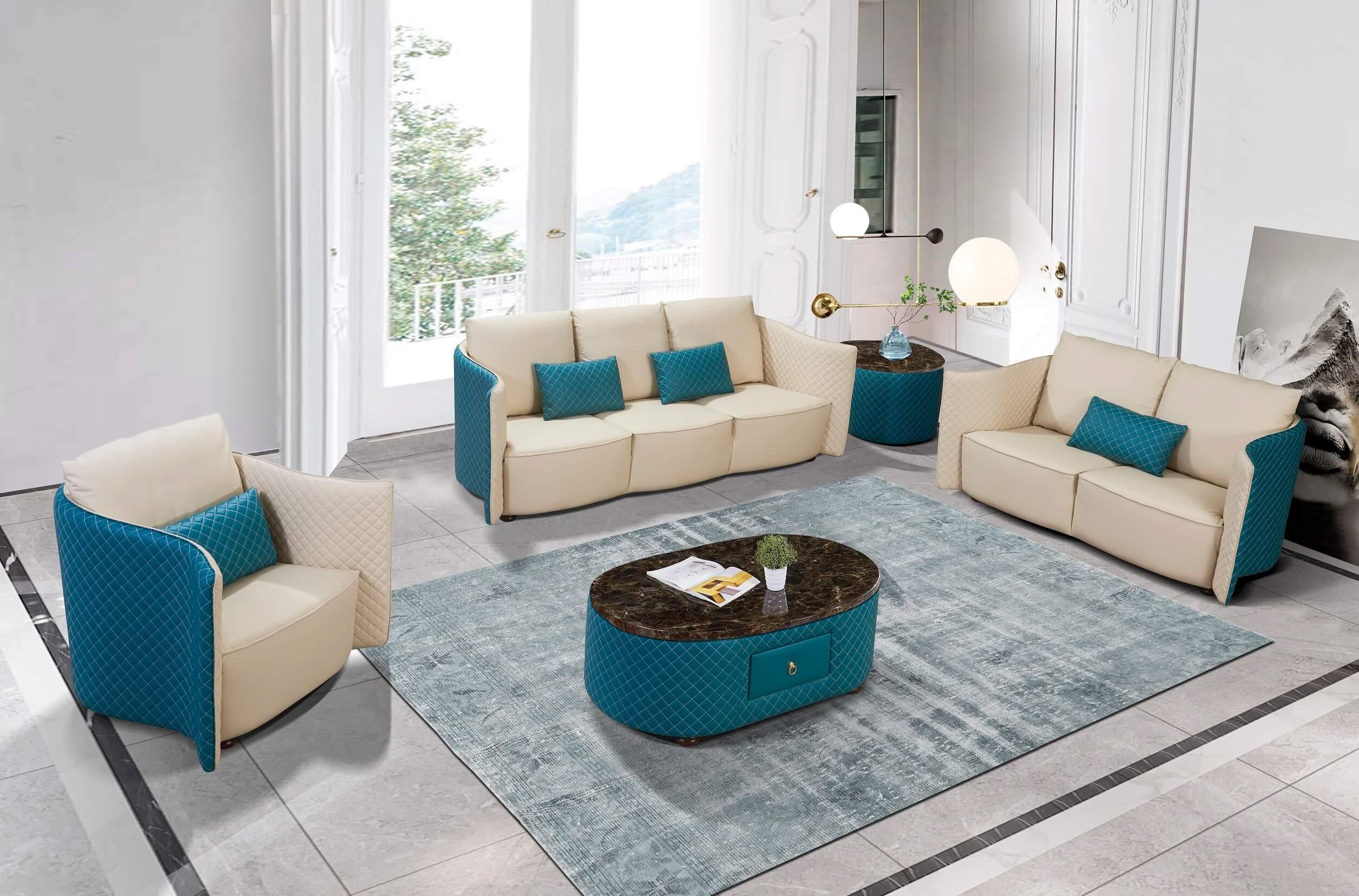 Contemporary, Modern Sofa Set MAKASSAR EF-52554-Set-3 in Blue, Beige Italian Leather