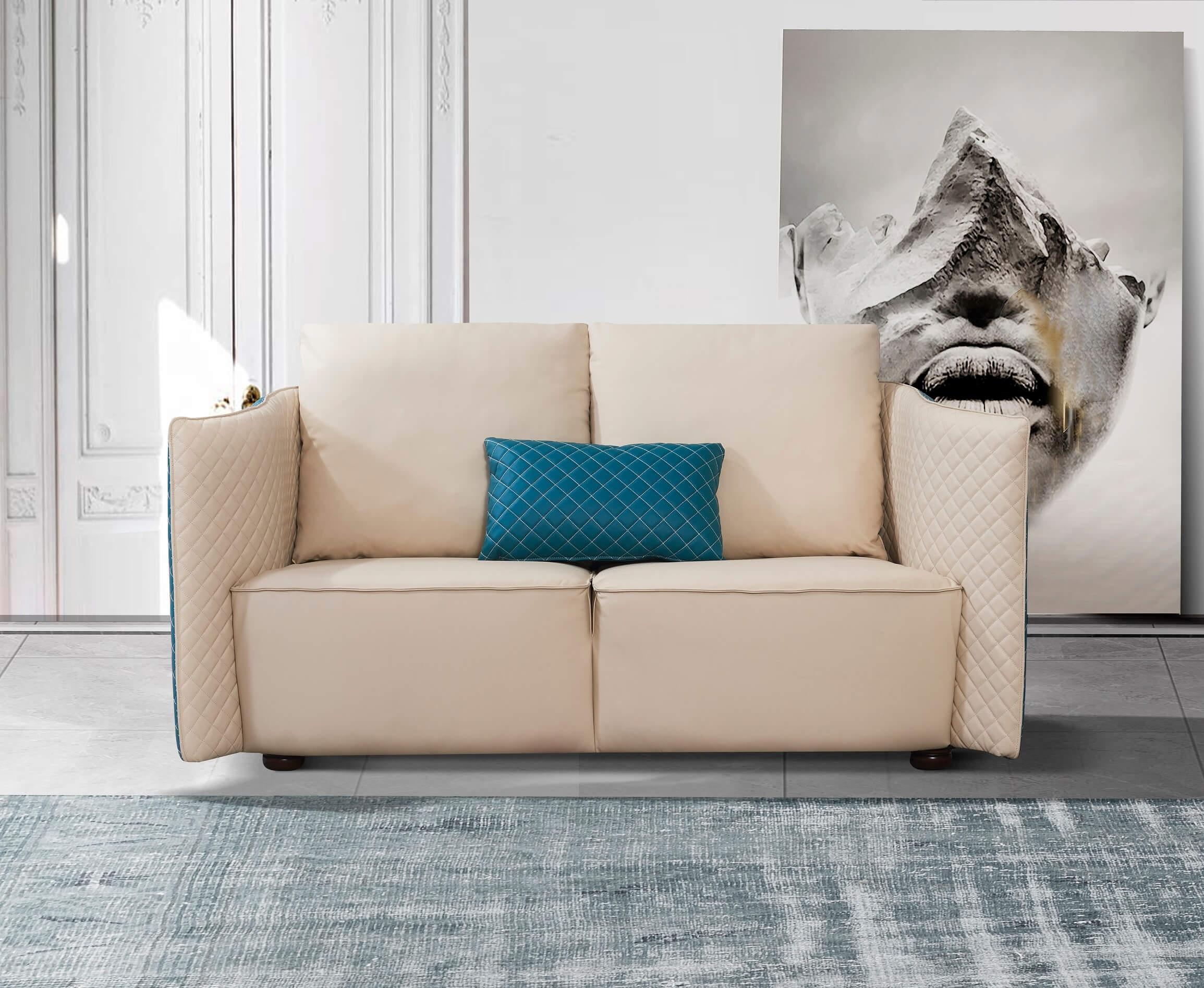 

    
 Shop  Luxury Italian Leather Beige & Blue MAKASSAR Sofa Set 3Pcs EUROPEAN FURNITURE
