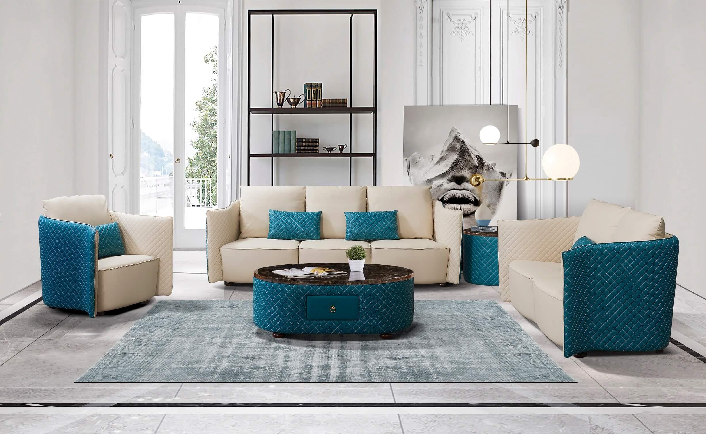 

    
Luxury Italian Leather Beige & Blue MAKASSAR Sofa Set 3Pcs EUROPEAN FURNITURE
