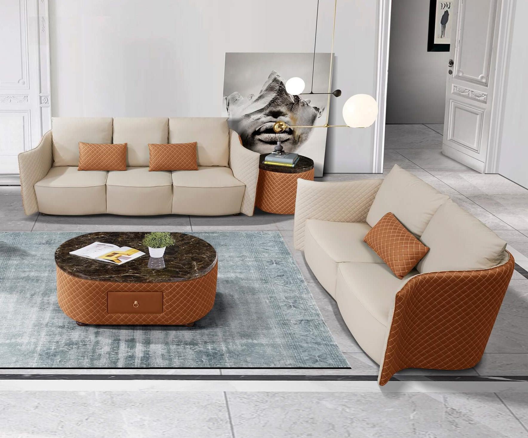 Contemporary, Modern Sofa Set MAKASSAR EF-52552-Set-2 in Orange, Beige Italian Leather