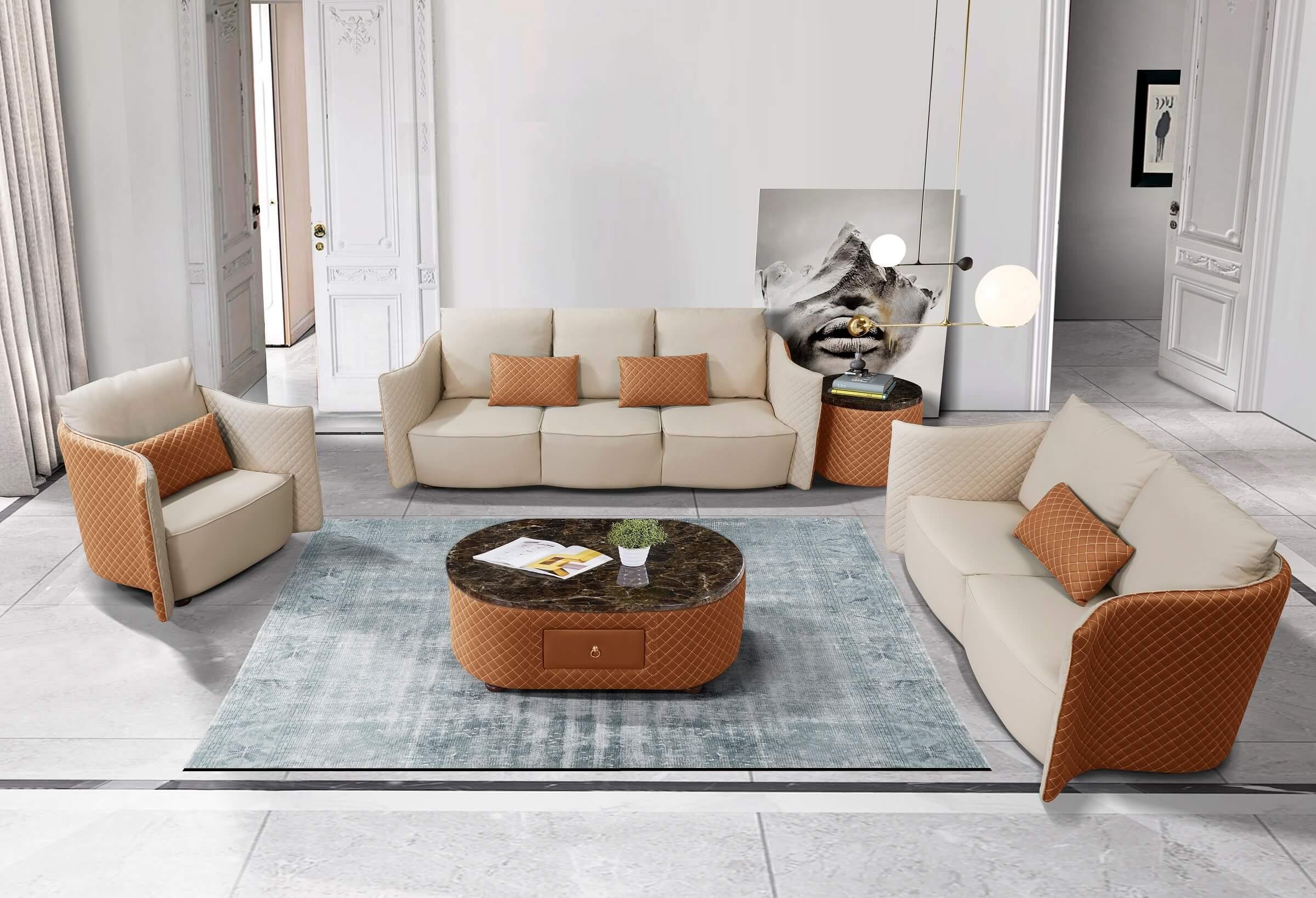 

    
Luxury Italian Leather Beige & Orange Sofa Set 3Pcs MAKASSAR EUROPEAN FURNITURE
