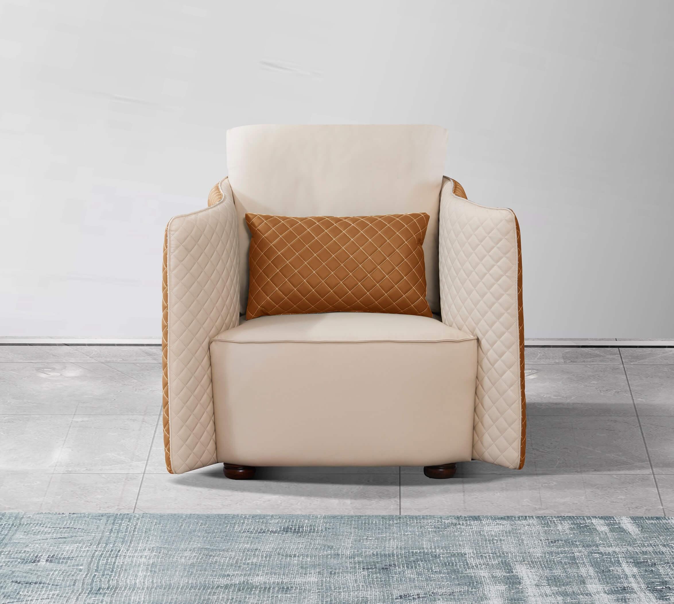 

    
 Photo  Luxury Italian Leather Beige & Orange Sofa Set 5Pcs MAKASSAR EUROPEAN FURNITURE
