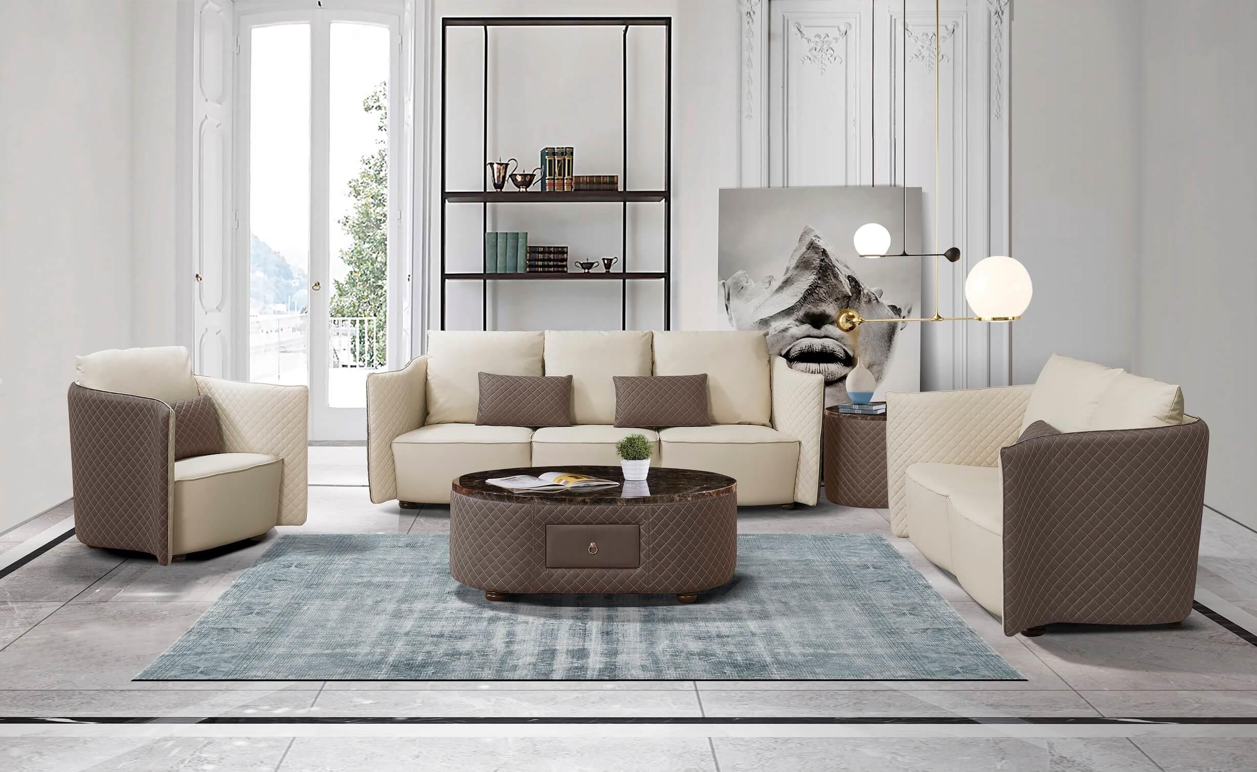 

    
Luxury Italian Leather Lite Grey & Taupe Sofa Set 5Pcs MAKASSAR EUROPEAN FURNITURE
