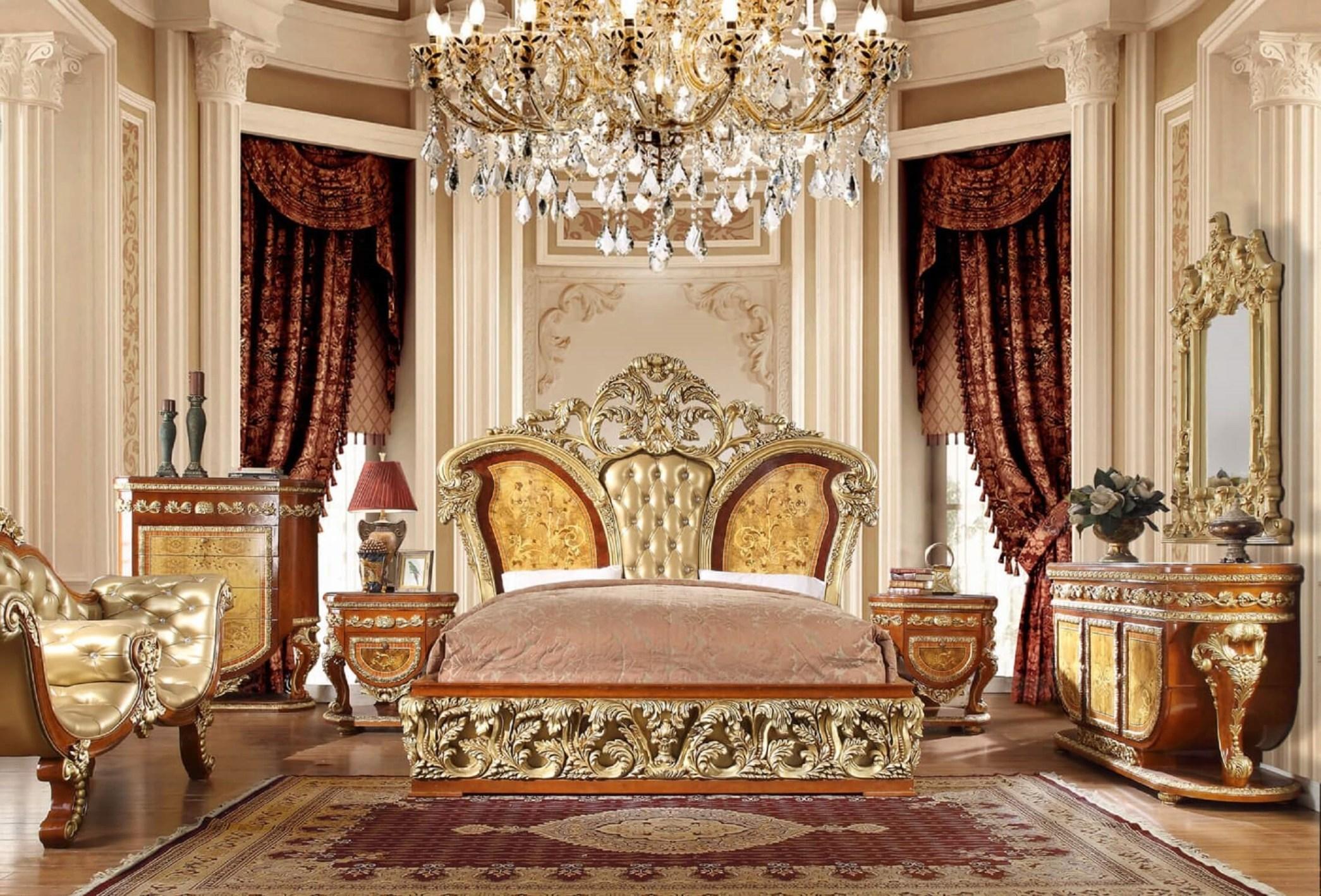 

    
Luxury KING Bedroom Set 3 Psc Gold Curved Wood Homey Design HD-8024
