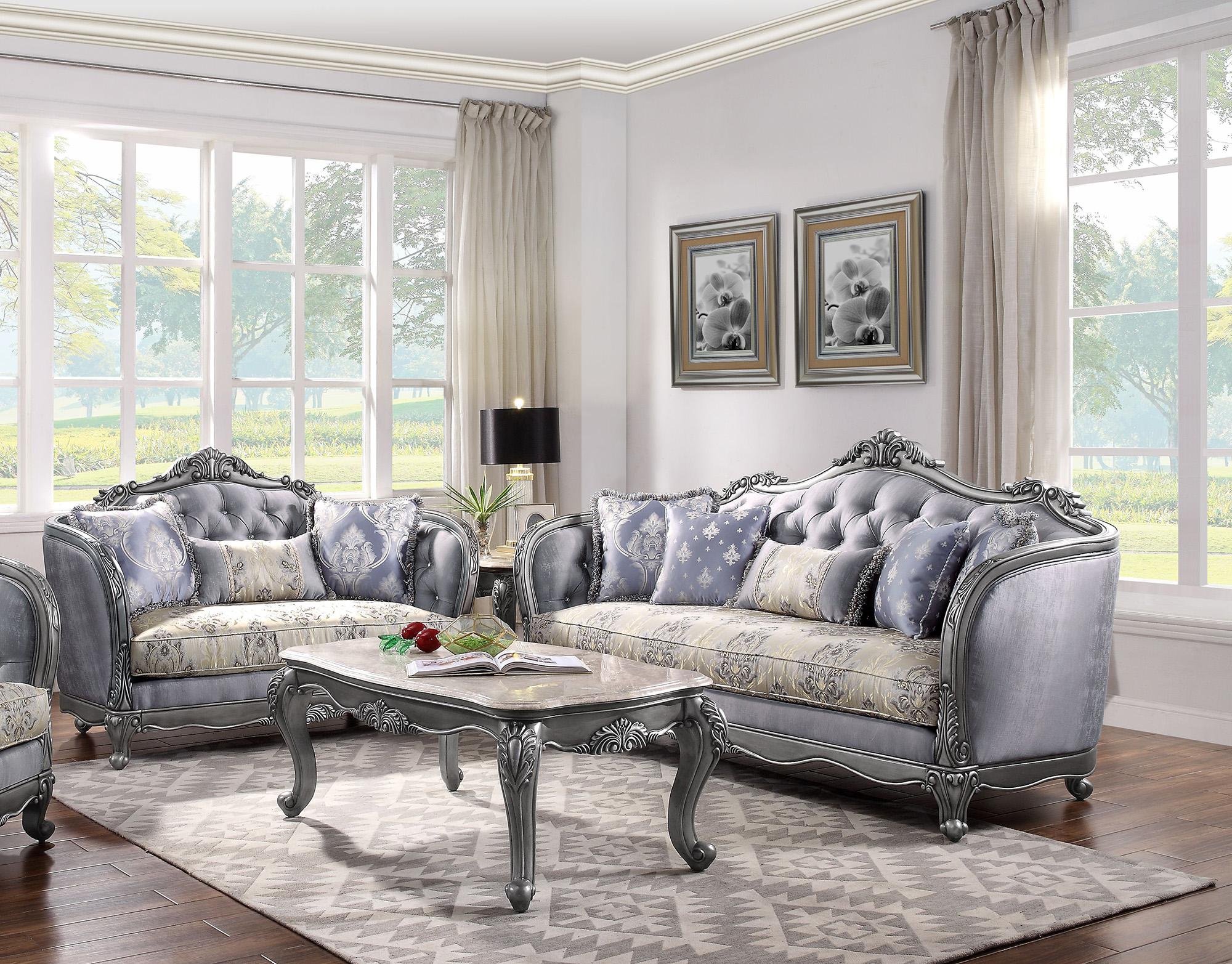 

    
Luxury Lustrous Fabric & Platinum Ariadne Sofa Set 2 Pcs 55345 ACME Traditional
