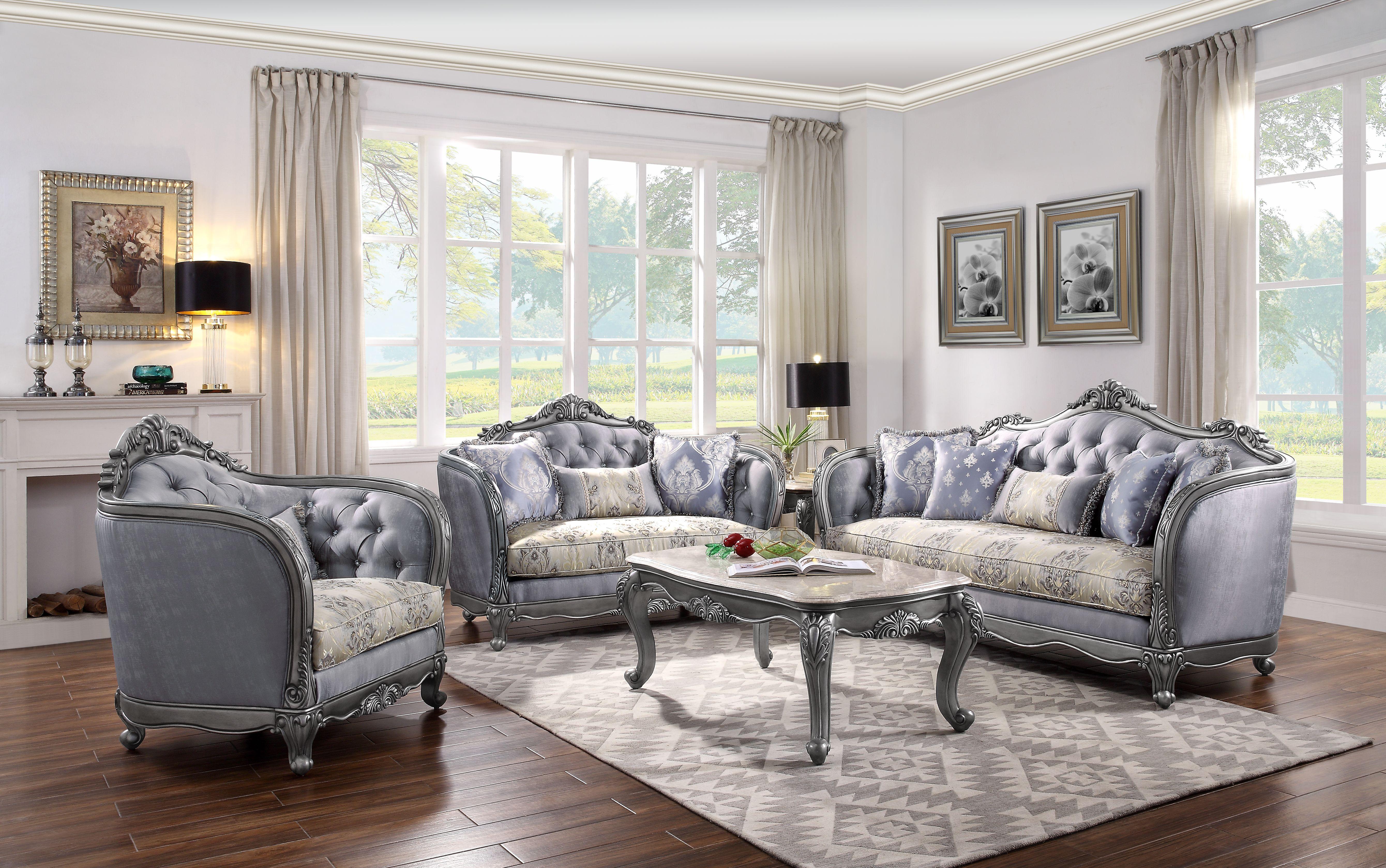 Classic, Traditional,  Vintage Sofa Set Ariadne 55345-Set-3 in Platinum, Silver, Gray Fabric