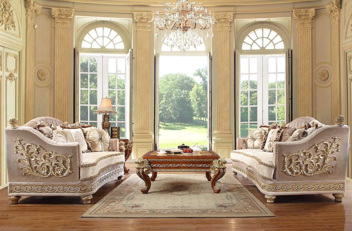 

    
Luxury Metallic Bright Gold & Tan Sofa Set 2Pcs Traditional Homey Design HD-814
