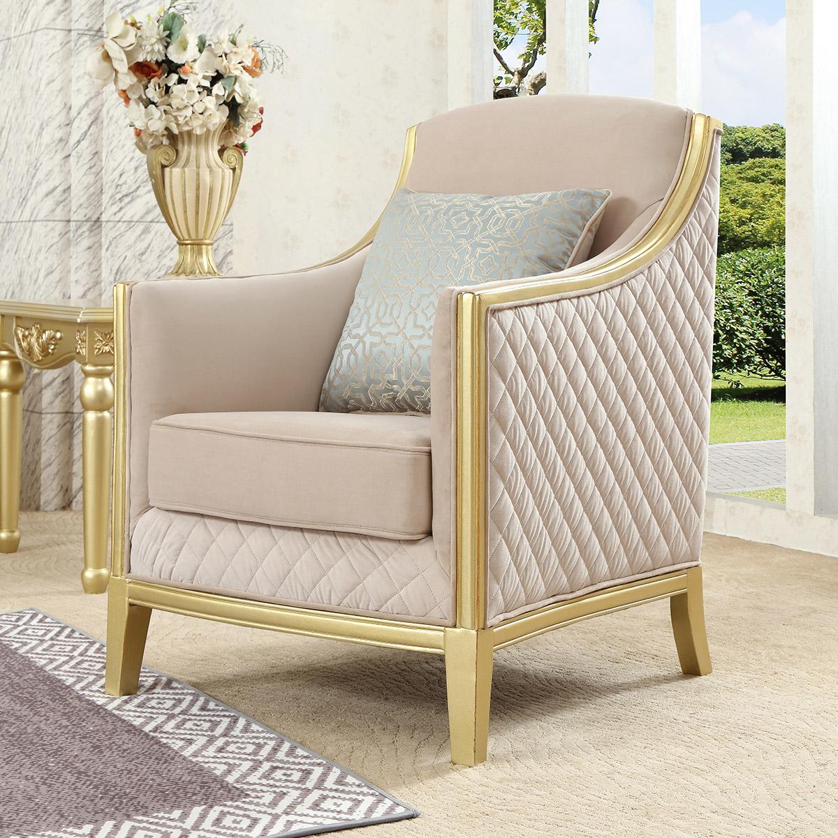 

                    
Homey Design Furniture HD-699 Sofa Loveseat and Chair Set Gold Finish/Metallic Fabric Purchase 
