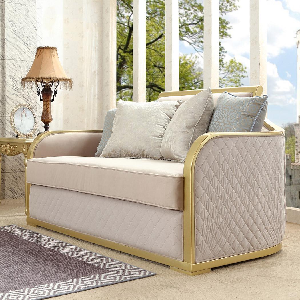 

    
Homey Design Furniture HD-699 Sofa Loveseat and Chair Set Gold Finish/Metallic HD-699-SSET3
