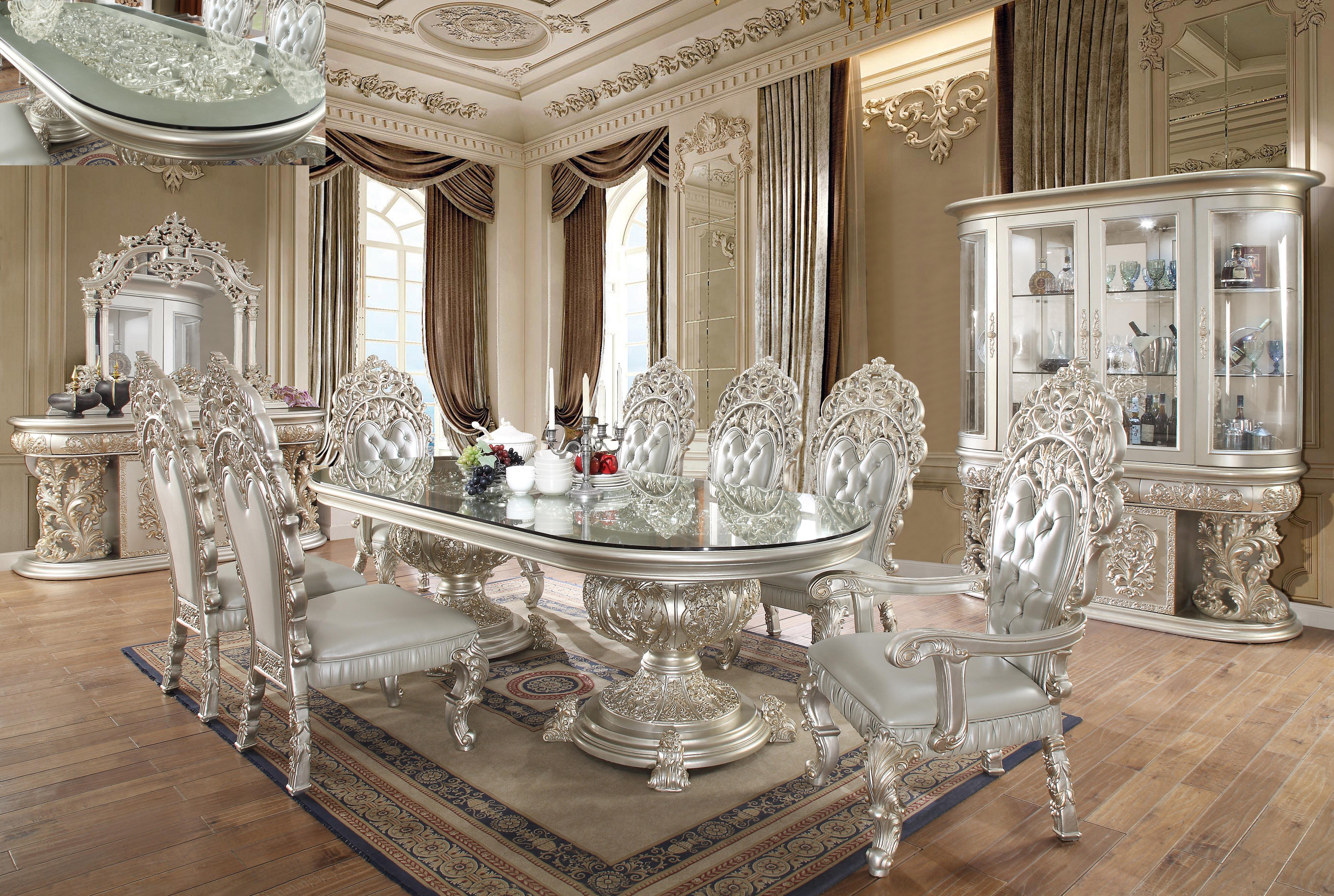 Traditional Dining Table Set HD-8088 HD-8088-DTSET9 in Metallic, Silver Faux Leather