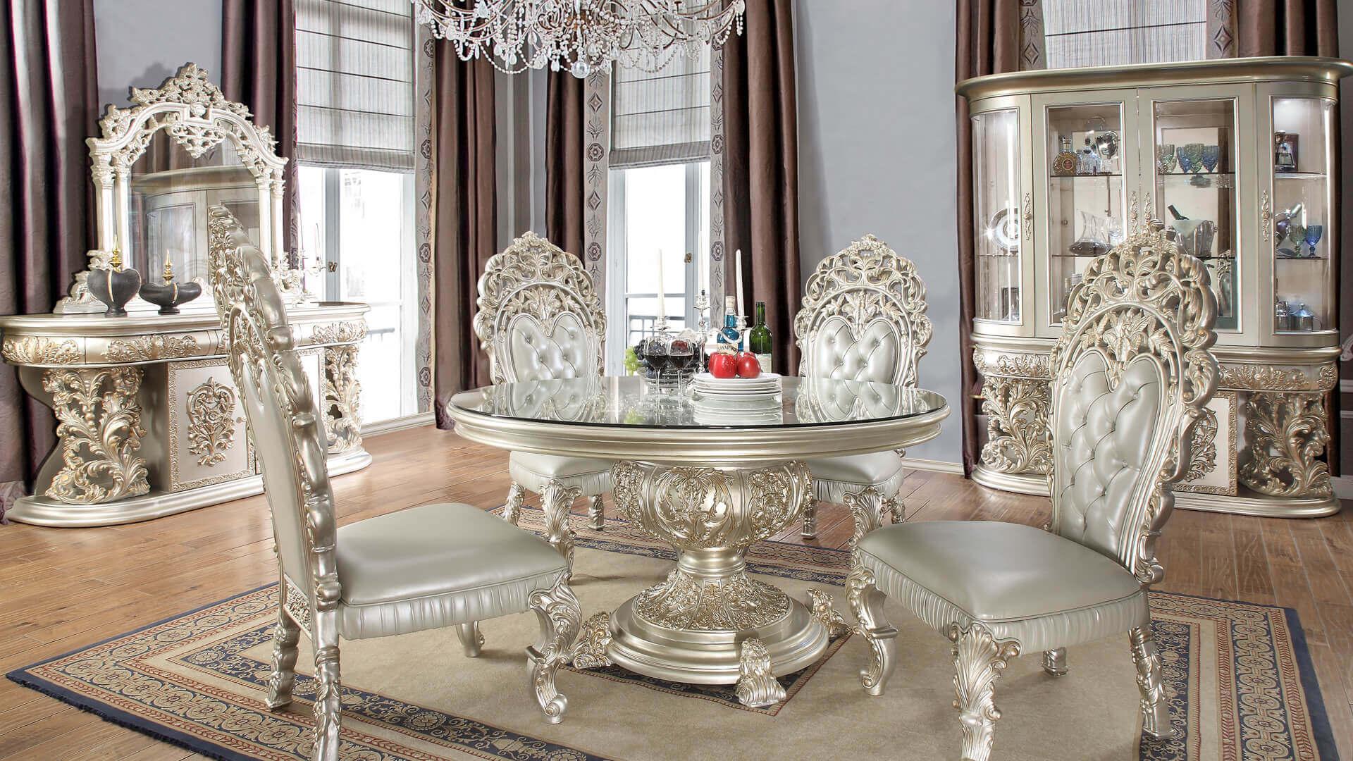 Traditional Dining Table Set HD-8088 HD-8088-RTSET5 in Metallic, Silver Faux Leather