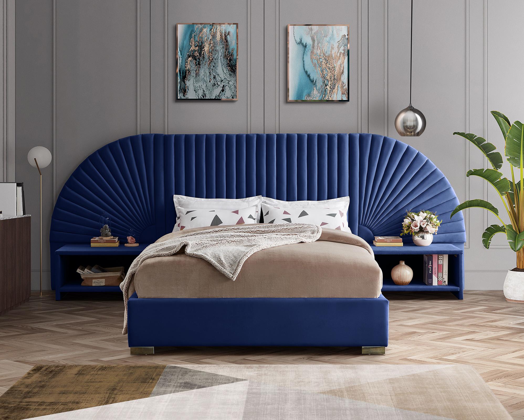 

    
Luxury Navy Velvet Channel-Tufted Queen Bed Set 3P CLEO Navy-Q Meridian Modern
