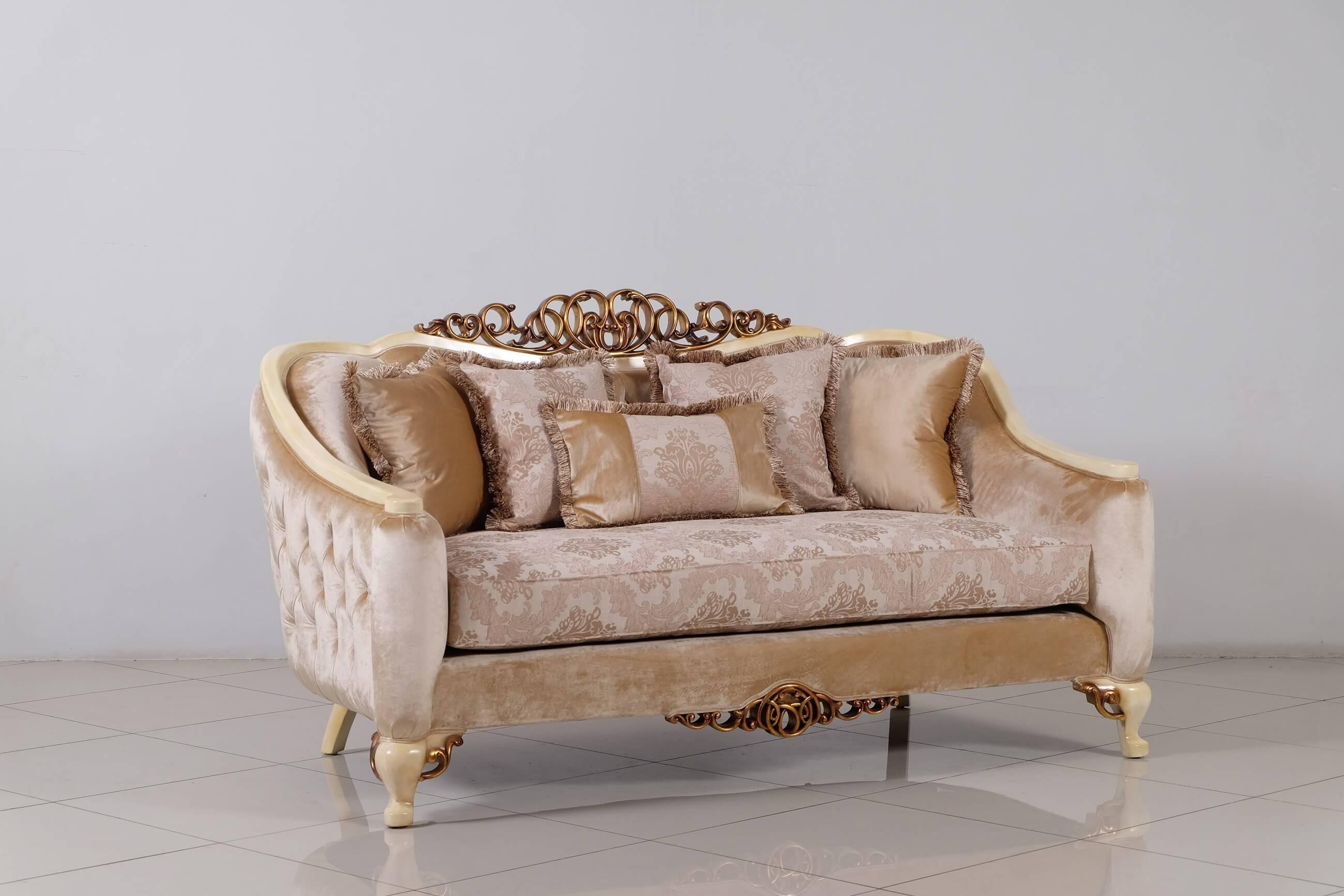 

    
Luxury Pearl Antique Dark Gold Wood Trim ANGELICA Loveseat EUROPEAN FURNITURE
