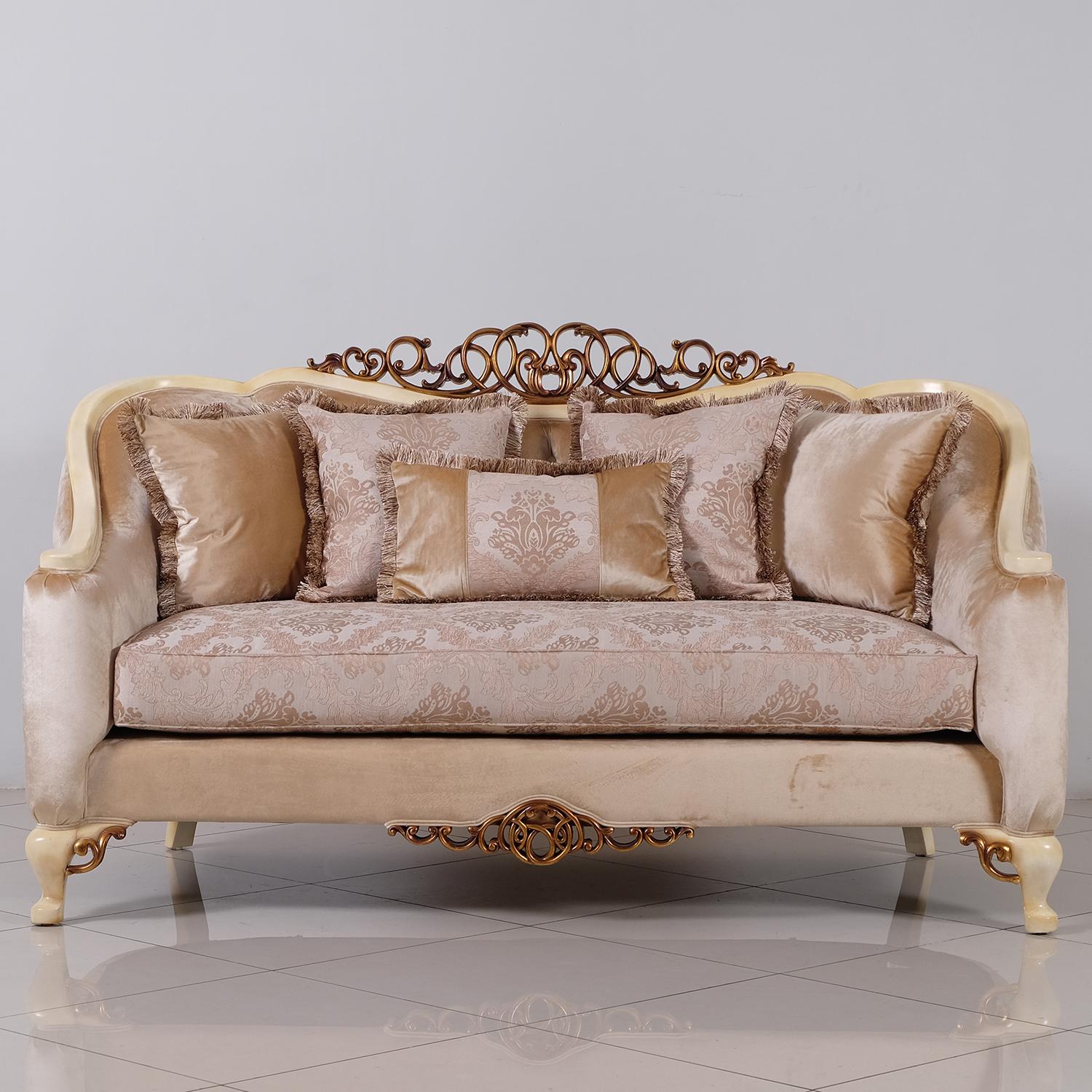 Classic, Traditional Loveseat ANGELICA 45350-L in Pearl, Antique, Gold, Beige Fabric
