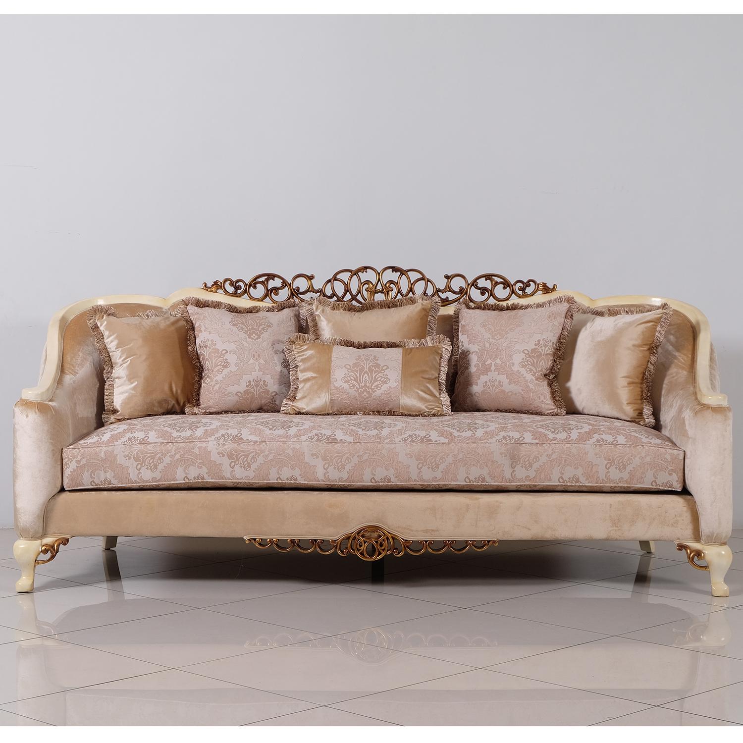 

    
Luxury Pearl Antique Dark Gold Wood Trim ANGELICA Sofa EUROPEAN FURNITURE
