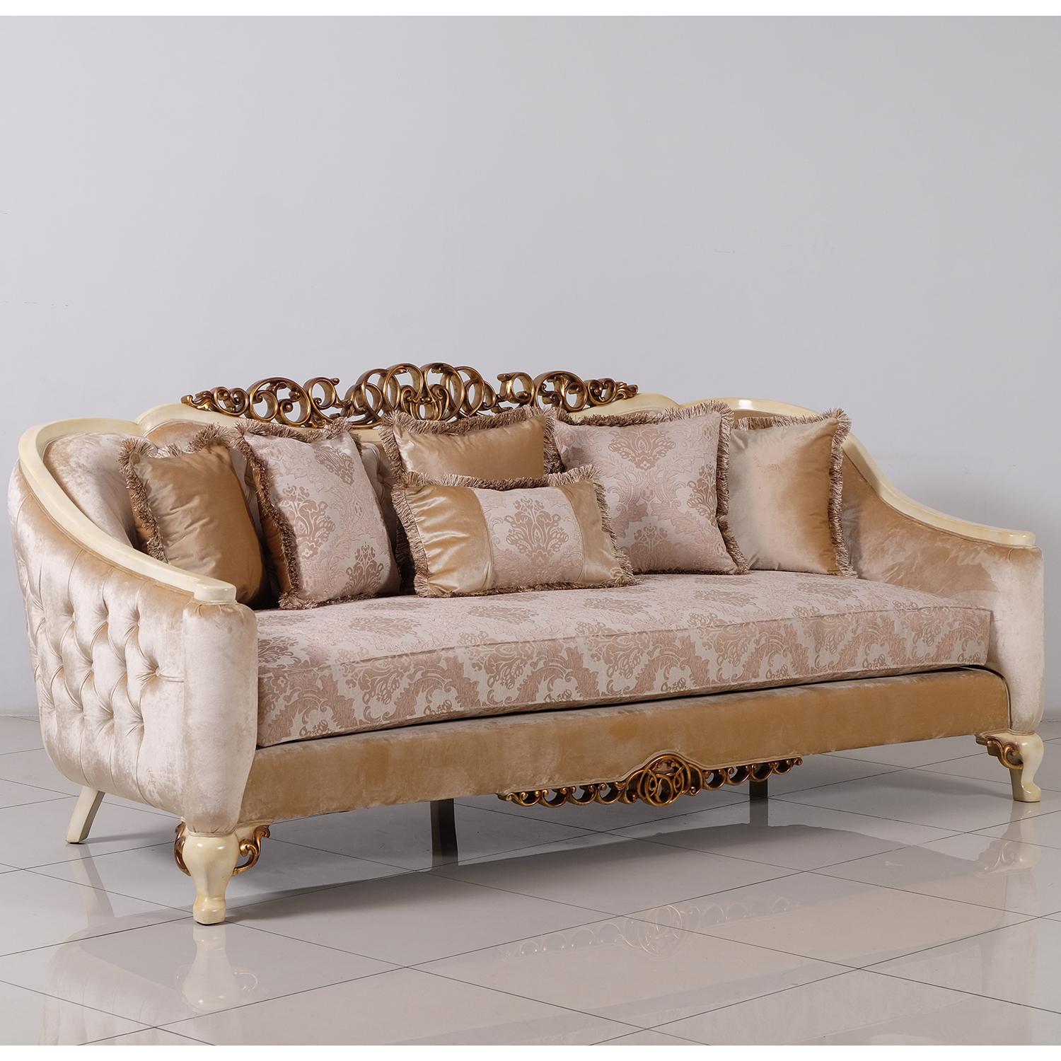 

    
Luxury Pearl Antique Dark Gold Wood Trim ANGELICA Sofa Set 2Pcs EUROPEAN FURNITURE
