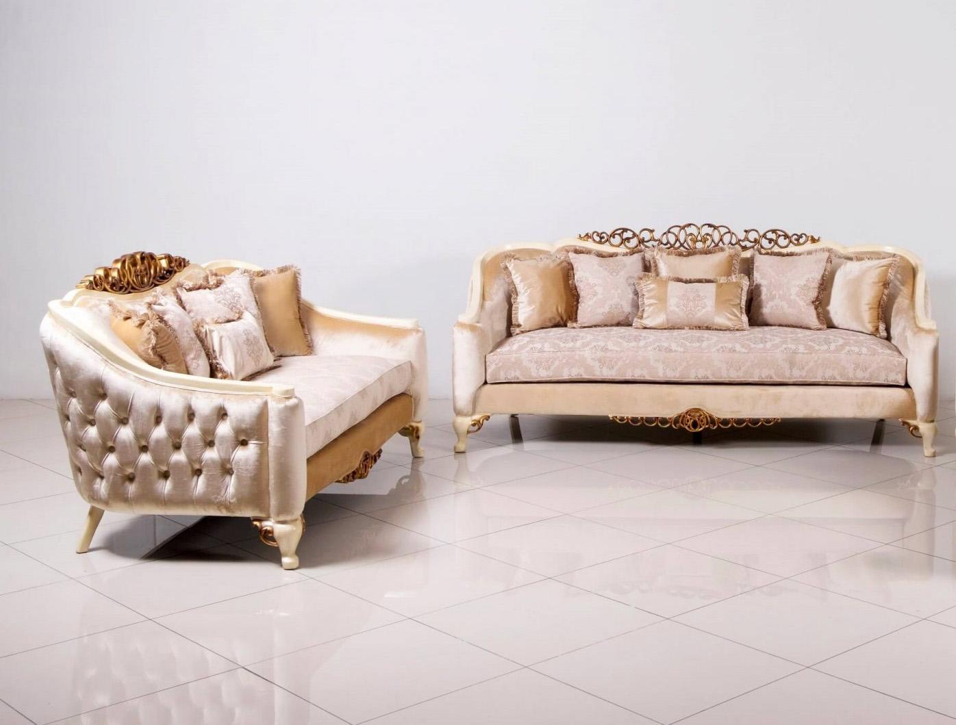 

    
Luxury Pearl Antique Dark Gold Wood Trim ANGELICA Sofa Set 2Pcs EUROPEAN FURNITURE
