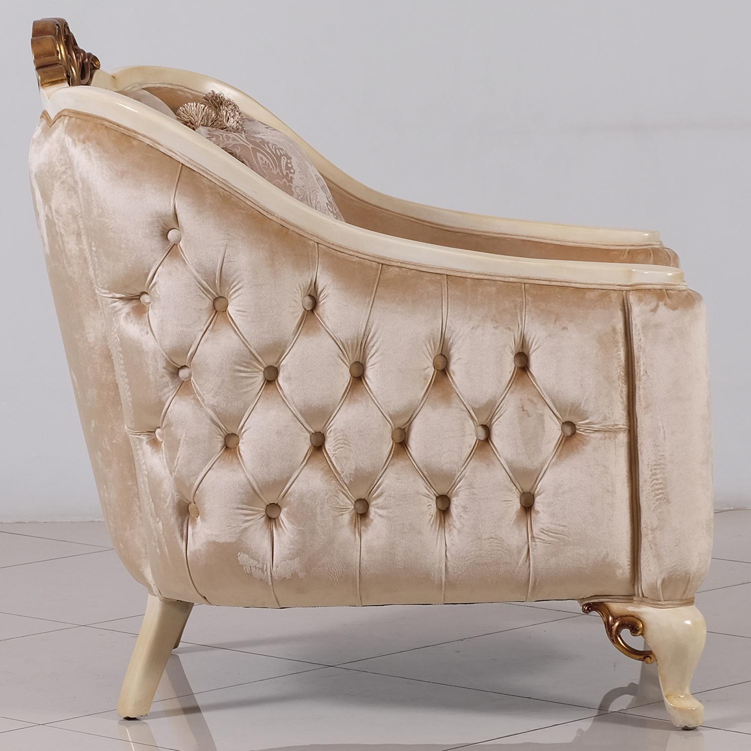 

    
 Shop  Luxury Pearl Antique Dark Gold Wood Trim ANGELICA Sofa Set 3Pcs EUROPEAN FURNITURE
