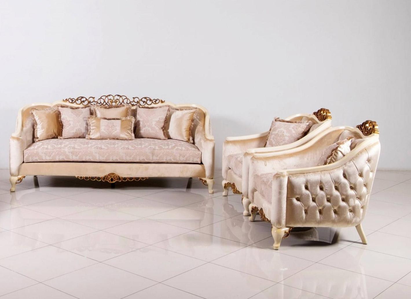

    
Luxury Pearl Antique Dark Gold Wood Trim ANGELICA Sofa Set 3Pcs EUROPEAN FURNITURE
