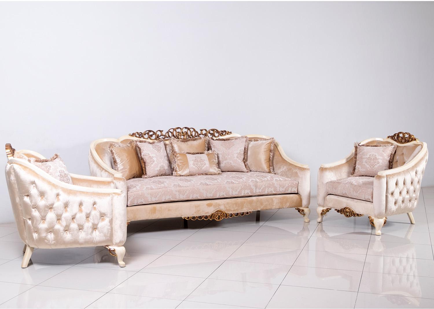 

    
 Photo  Luxury Pearl Antique Dark Gold Wood Trim ANGELICA Sofa Set 4Pcs EUROPEAN FURNITURE
