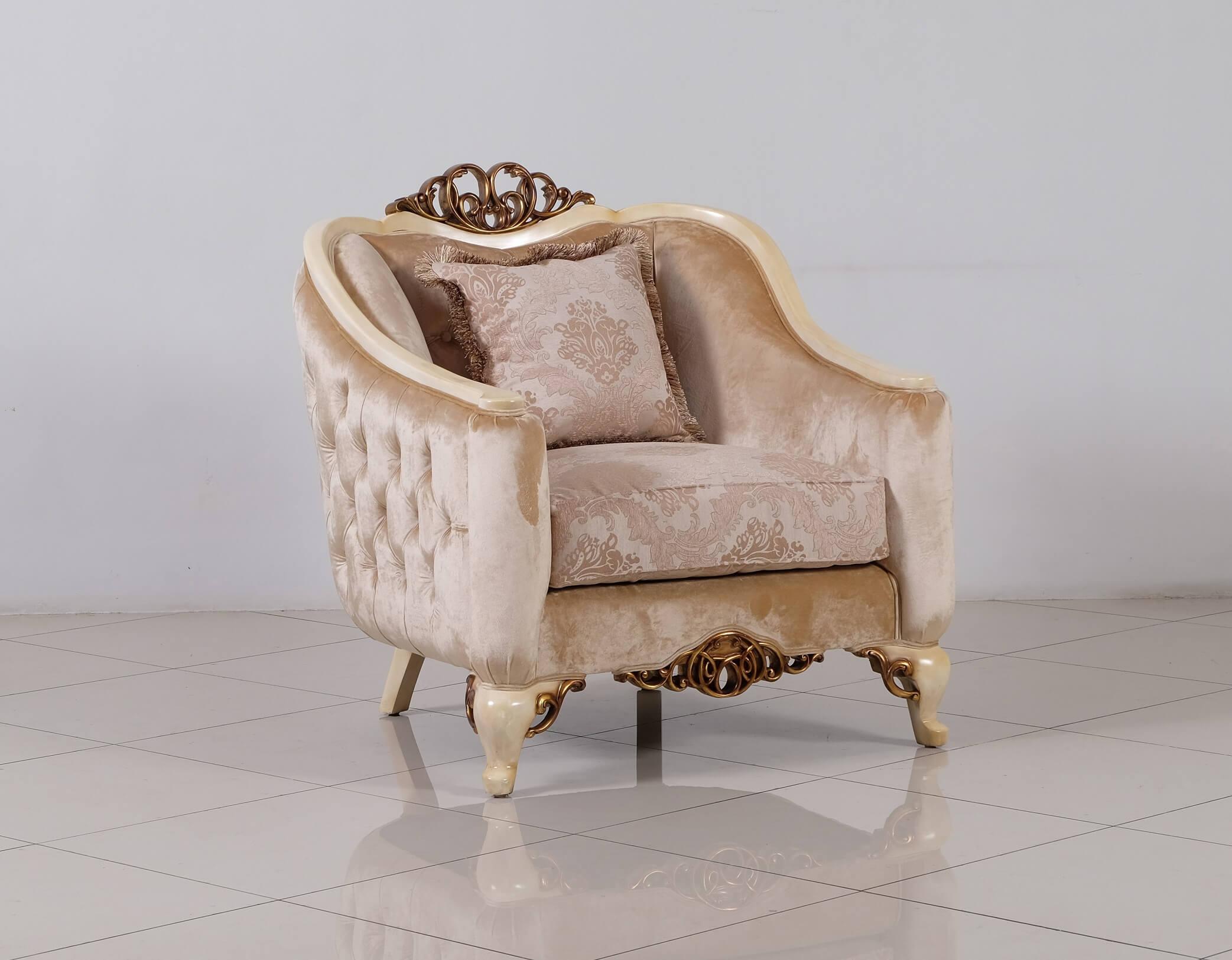 

    
Luxury Pearl Antique Dark Gold Wood Trim ANGELICA Sofa Set 4Pcs EUROPEAN FURNITURE
