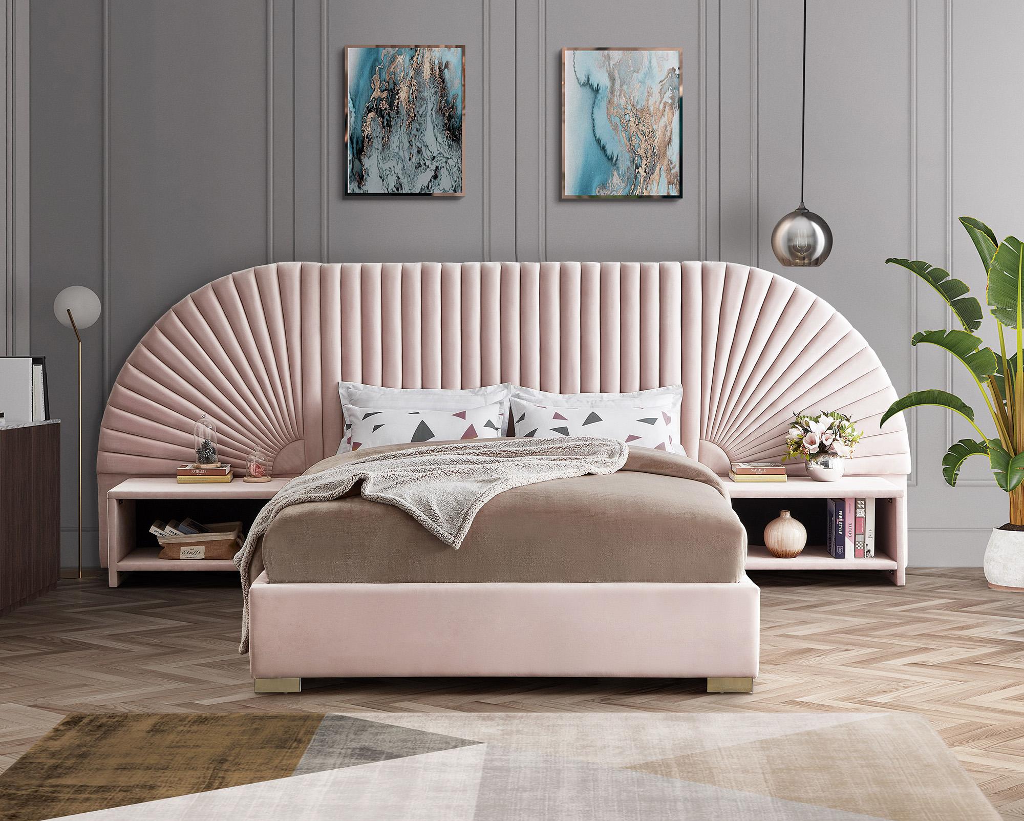 

    
Luxury Pink Velvet Channel-Tufted Queen Bed Set 3P CLEO Pink-Q Meridian Modern
