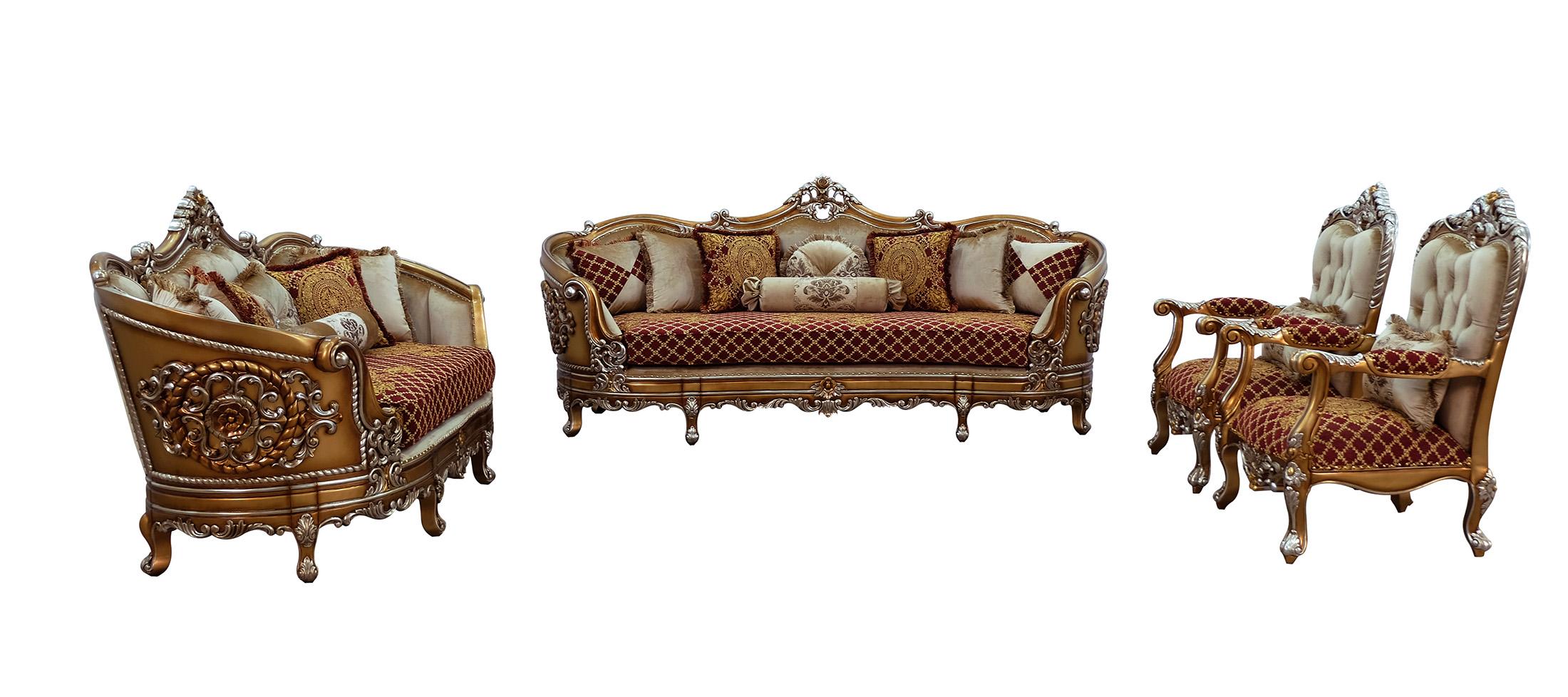 Classic, Traditional Sofa Set SAINT GERMAIN 35554-Set-4 in Sand, Red, Gold Fabric