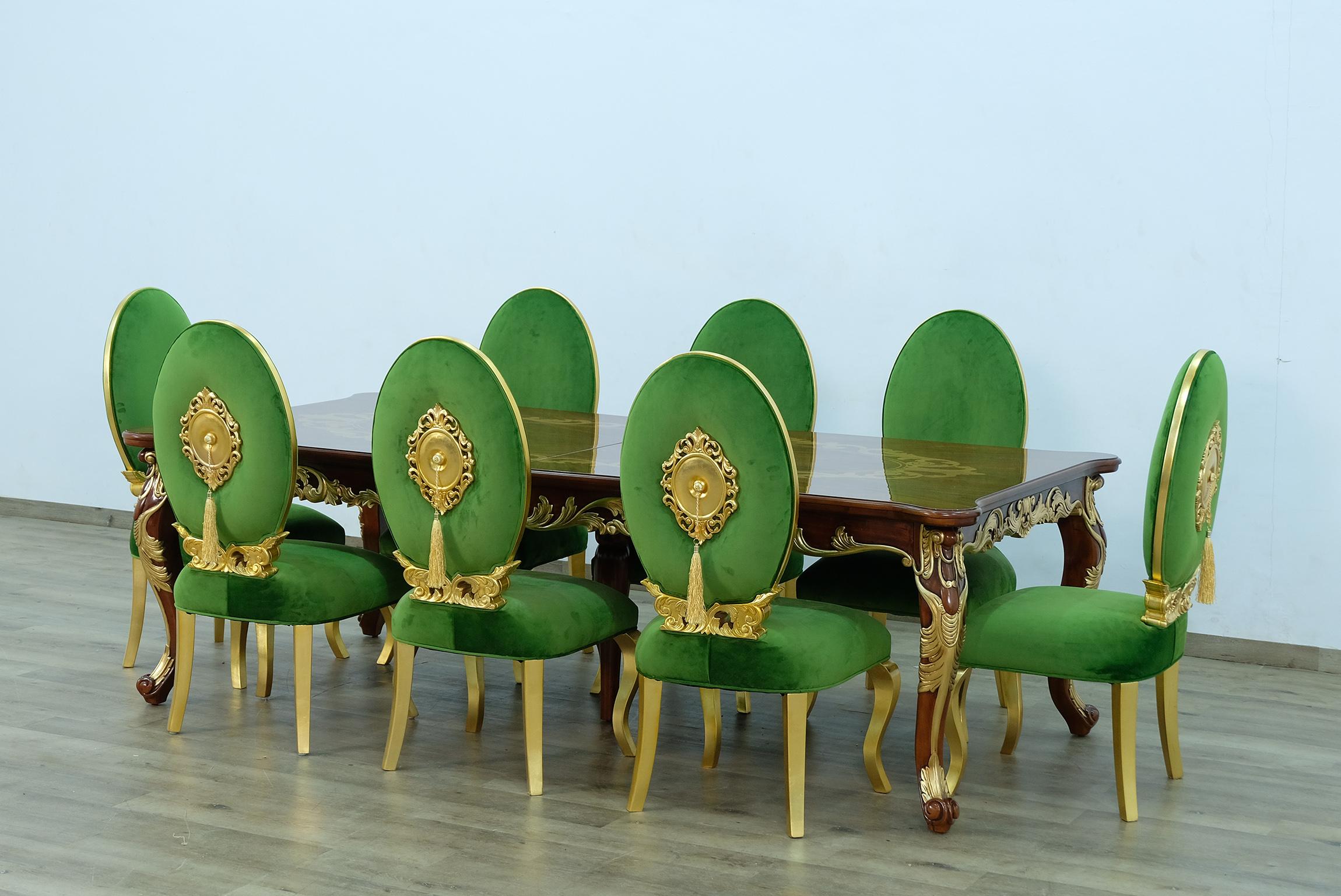 

    
 Photo  Luxury Rosewood & Emerald LUXOR Dining Table Set 9 Pcs EUROPEAN FURNITURE
