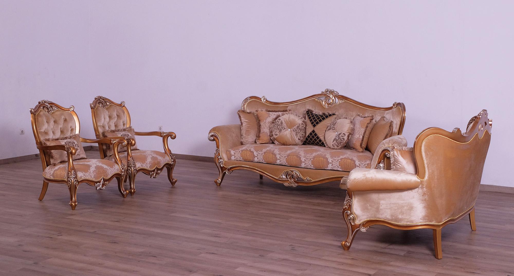 

    
 Photo  Luxury Sand & Gold Wood Trim AUGUSTUS Sofa Set 2 Pcs EUROPEAN FURNITURE Traditional
