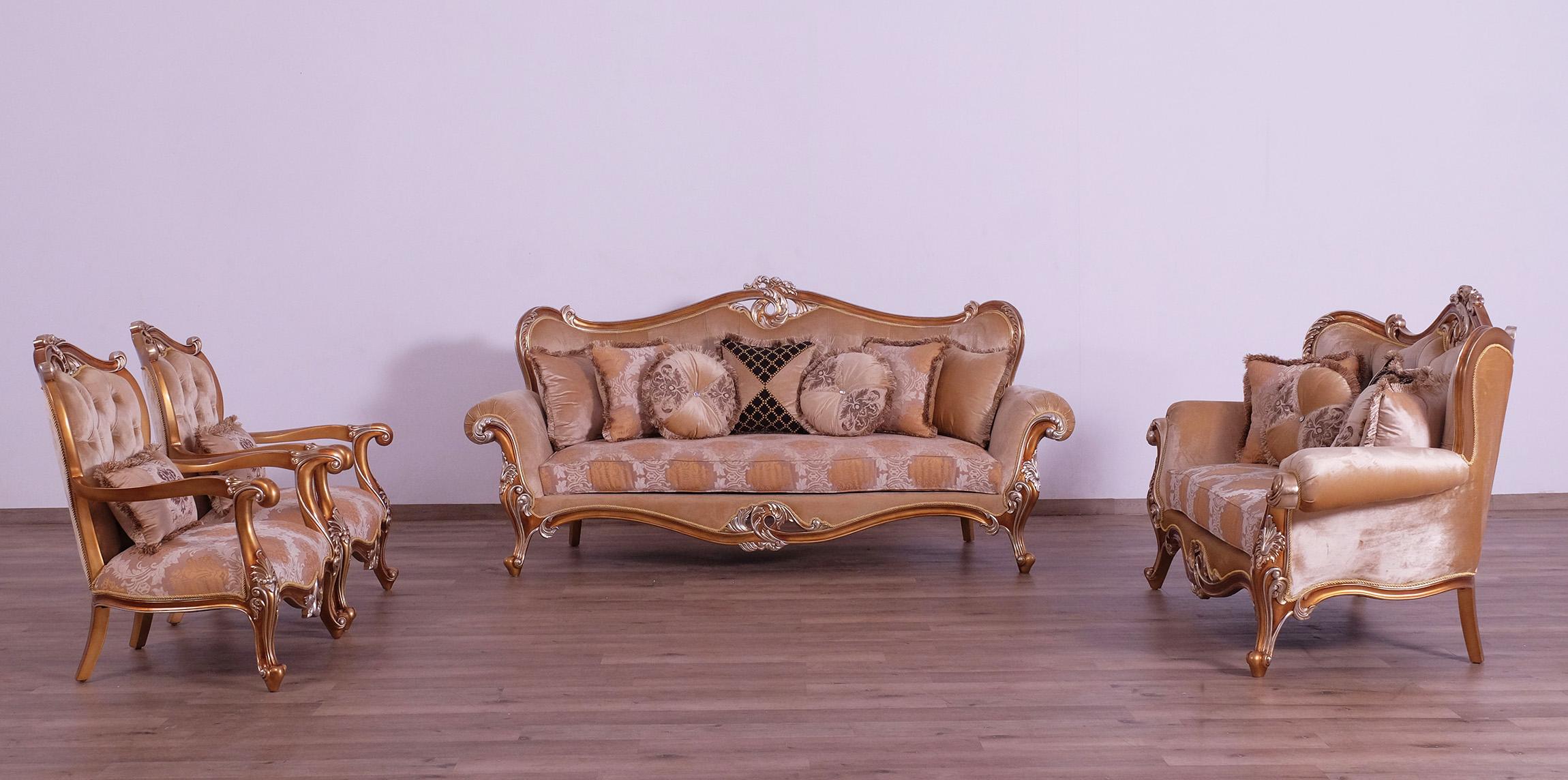 

    
Luxury Sand & Gold Wood Trim AUGUSTUS Sofa Set 4 Pcs EUROPEAN FURNITURE Traditional
