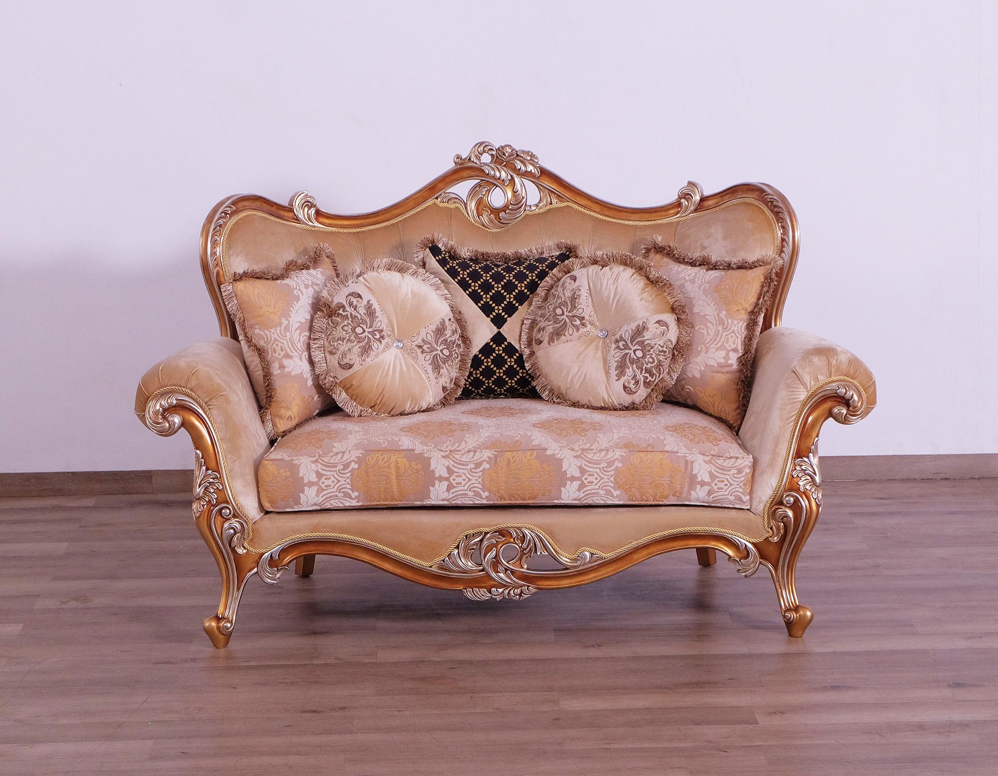 

    
 Photo  Luxury Sand & Gold Wood Trim AUGUSTUS Sofa Set 4 Pcs EUROPEAN FURNITURE Traditional
