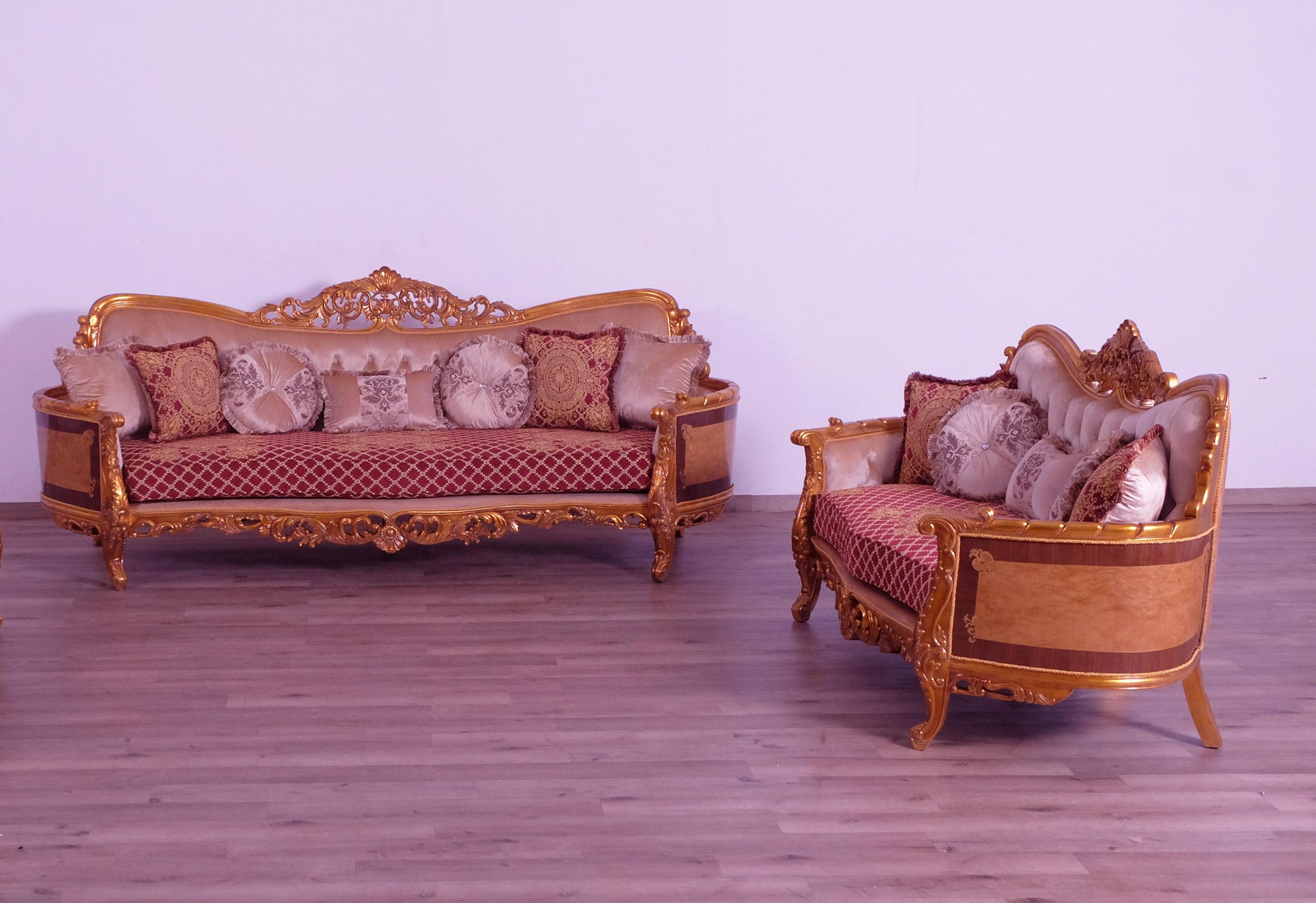 

    
Luxury Sand Red & Gold Wood Trim MODIGLIANI Sofa Set 2 Pcs EUROPEAN FURNITURE
