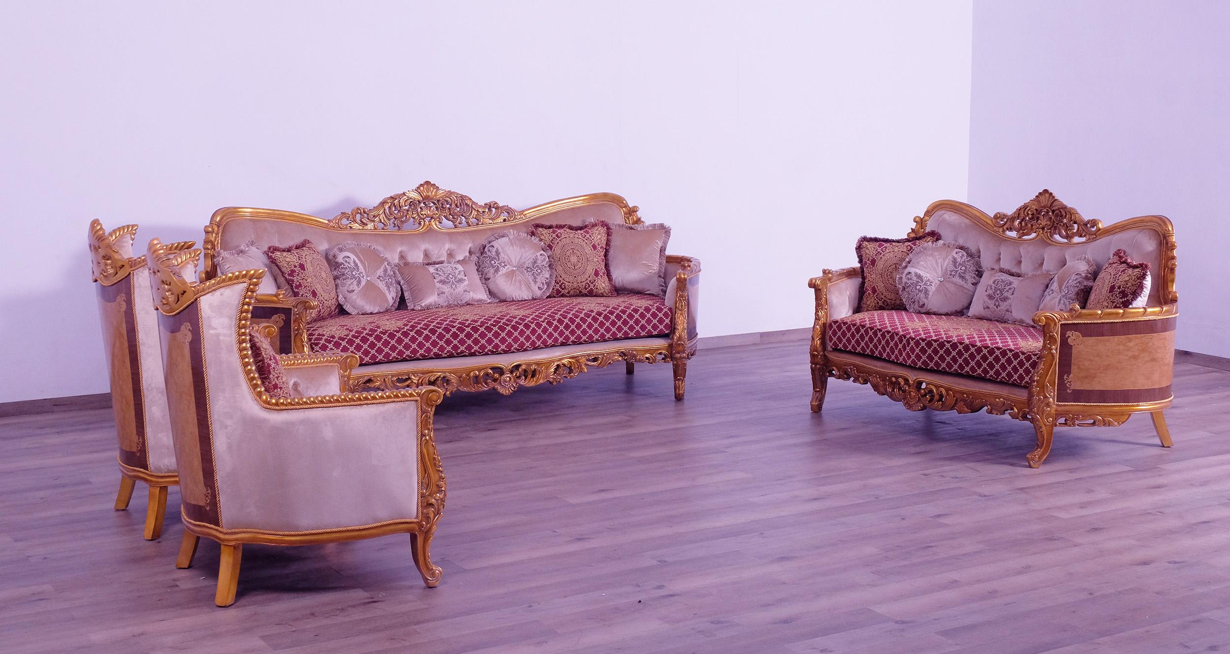 

    
 Shop  Luxury Sand Red & Gold Wood Trim MODIGLIANI Sofa Set 3 Pcs EUROPEAN FURNITURE
