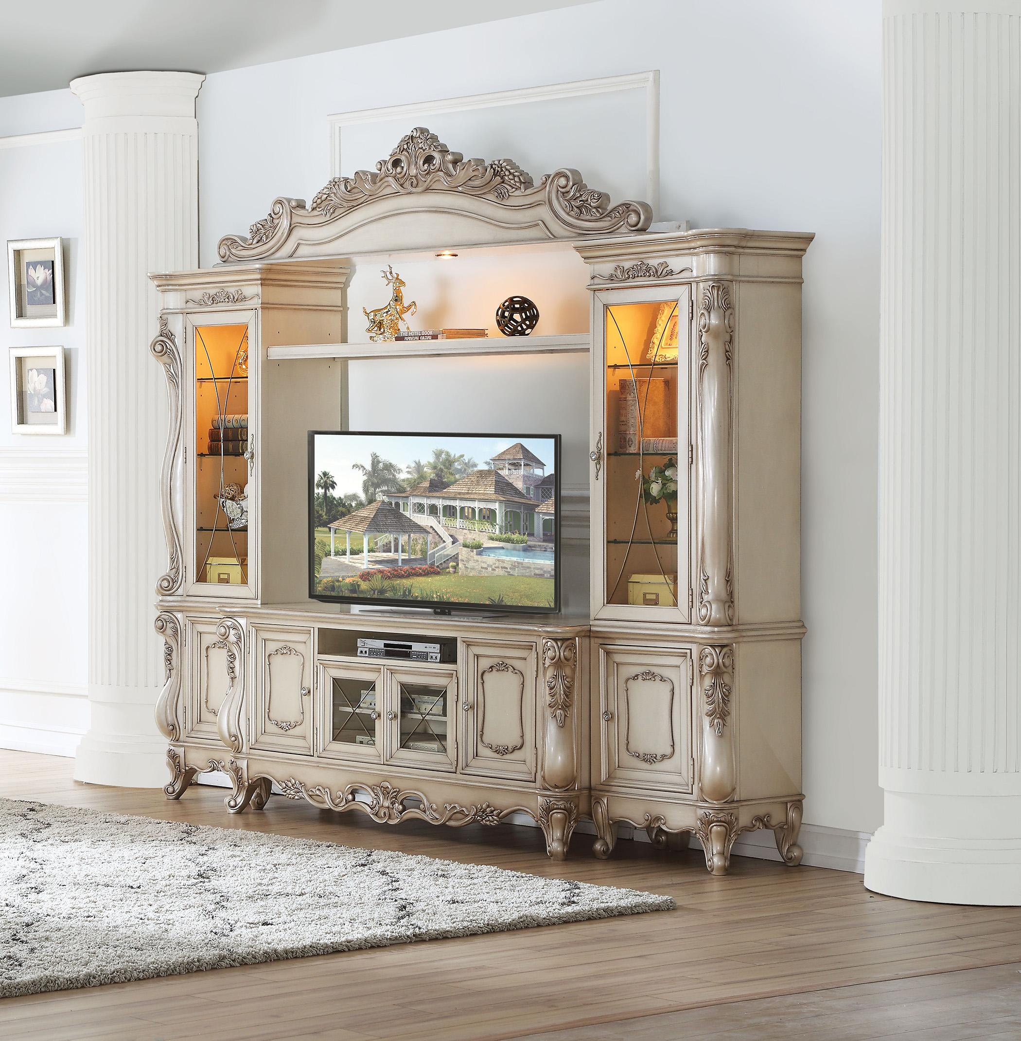 

    
Luxury TV Entertainment Center Set Gorsedd-91440 Antique White Acme Traditional
