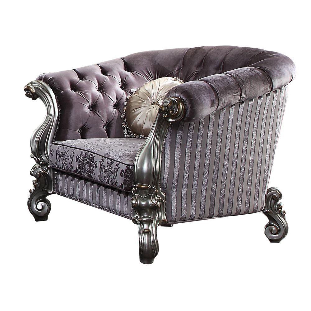 Traditional,  Vintage Arm Chair Versailles-56827 Versailles-56827 in Platinum, Antique, Silver, Gray Velvet