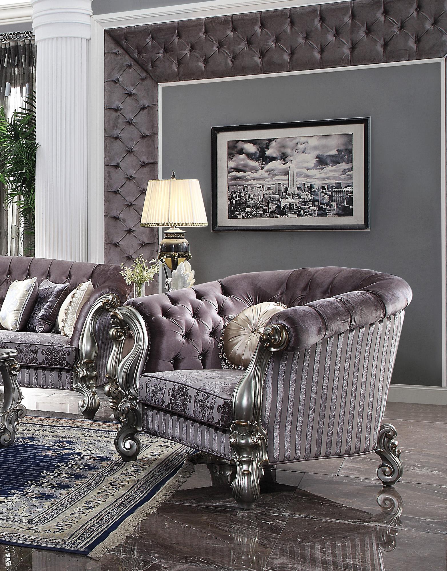 

    
Luxury Velvet & Antique Platinum Arm Chair Versailles 56827 Acme Traditional

