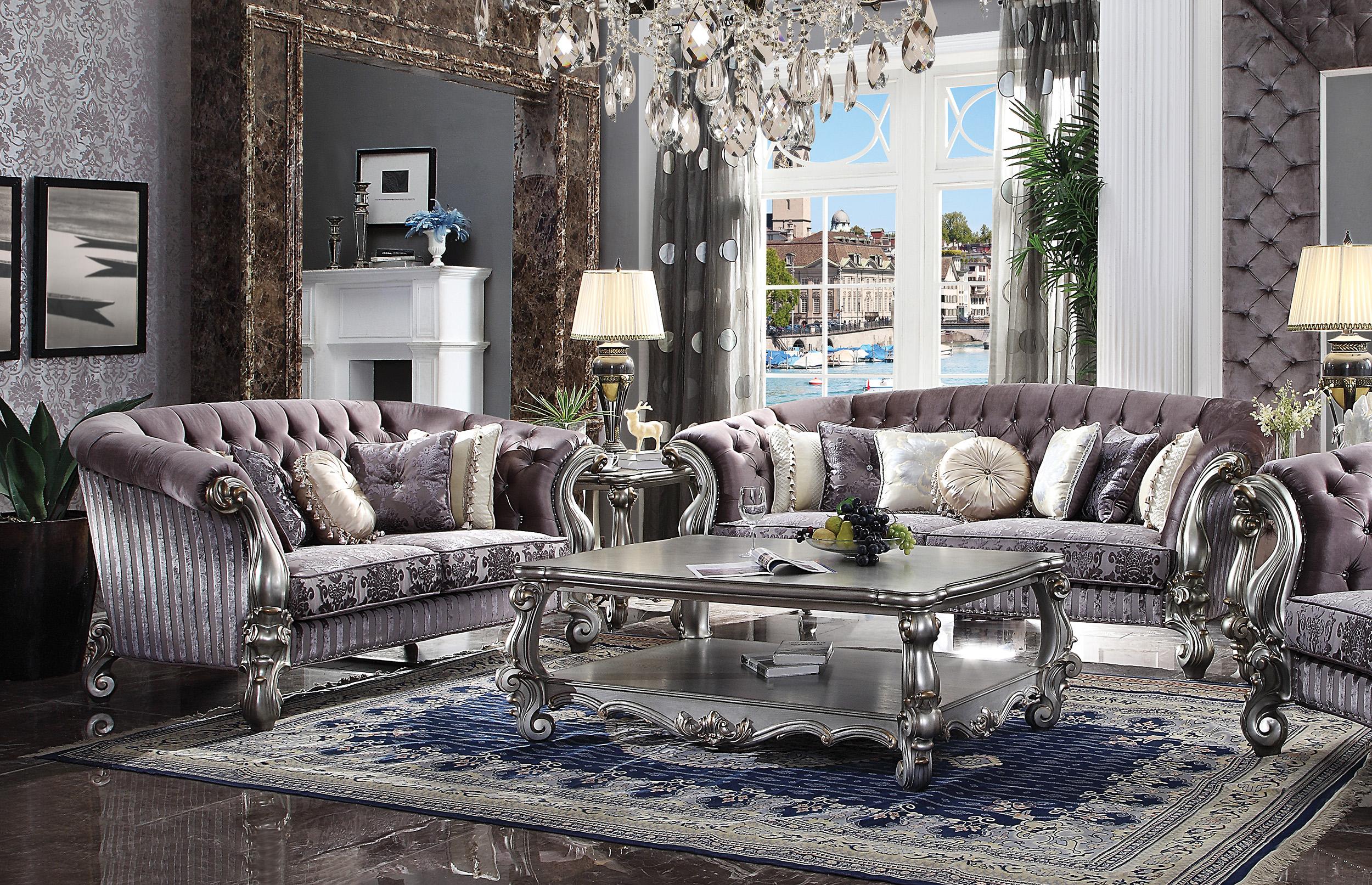 Traditional,  Vintage Sofa Set Versailles-56825 Versailles-56825-Set-2 in Platinum, Antique, Silver, Gray Velvet