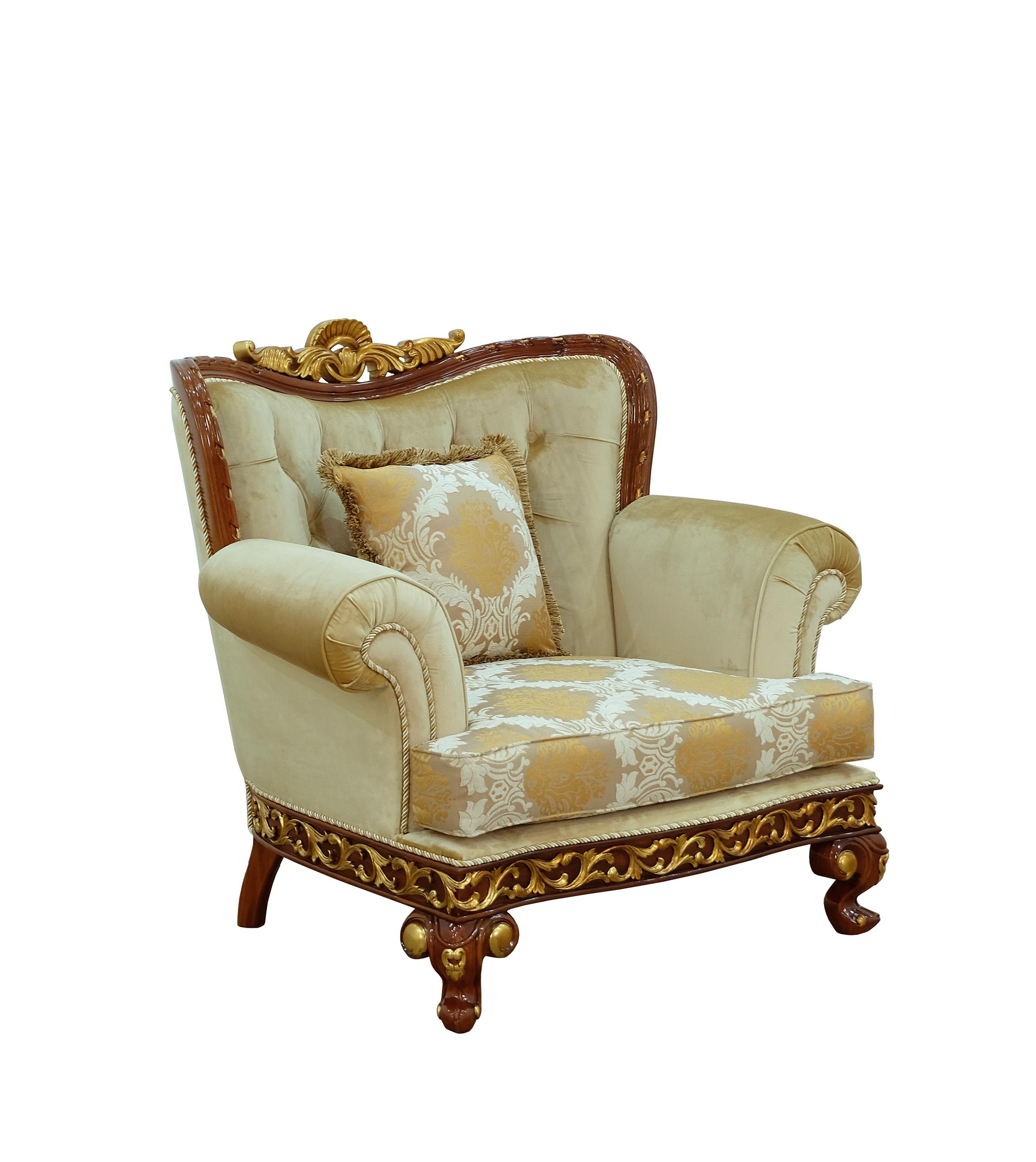 Classic, Traditional Arm Chair FANTASIA 40019-C in Sand, Walnut, Gold Fabric